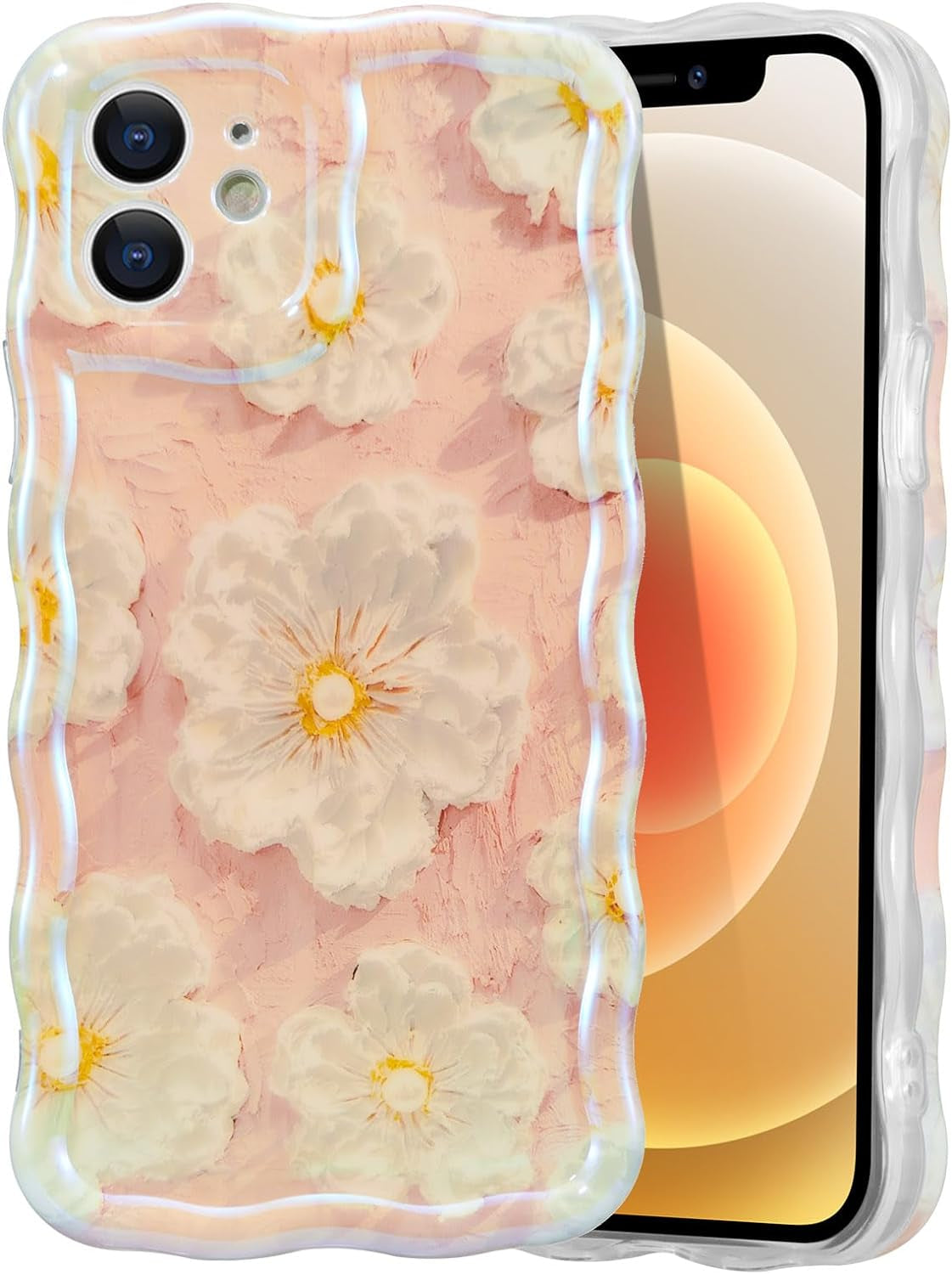 EYZUTAK Case for Iphone 14 Pro, Colorful Retro Oil Painting Flower Leaf Laser Glossy Pattern Cute Curly Wave Edge Exquisite Phone Cover Stylish Durable TPU Protective Case for Girls Women - Blue Green  EYZUTAK   