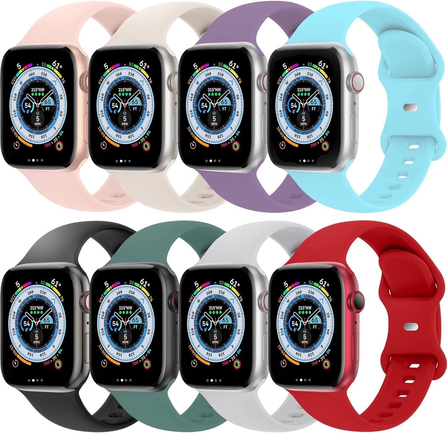 Bands Compatible with Apple Watch Band 45Mm 44Mm 42Mm 49Mm 38Mm 40Mm 41Mm for Women Men, Soft Silicone Sport Replacement Strap Wristband for Iwatch Series 8 SE 7 6 5 4 3 2 1, 8 Pack