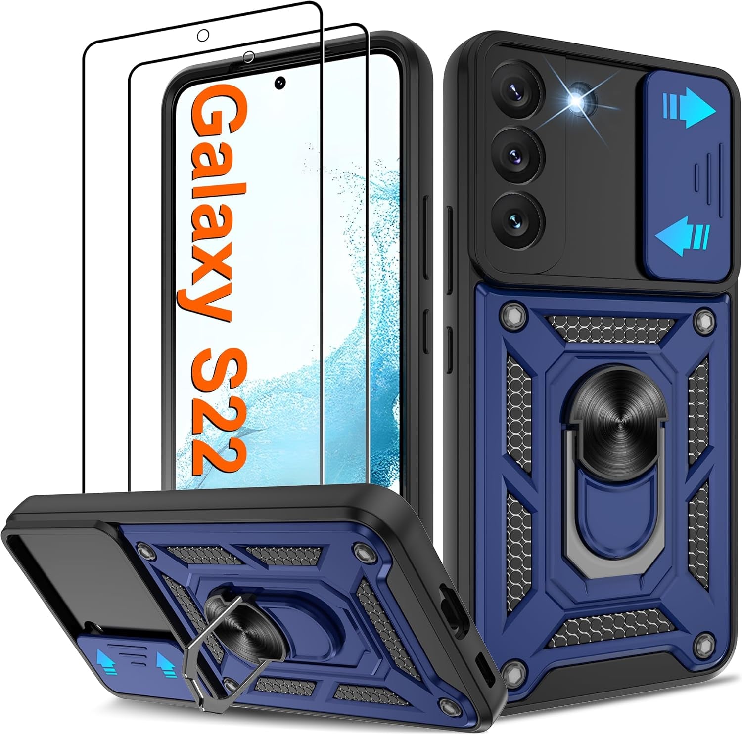 ATUMP for Samsung Galaxy S22 Ultra Case with (2 Pcs) HD Screen Protector, Heavy Duty Shockproof with 360° Rotation Metal Kickstand [Military Grade] Protective Case for S22 Ultra, Blue