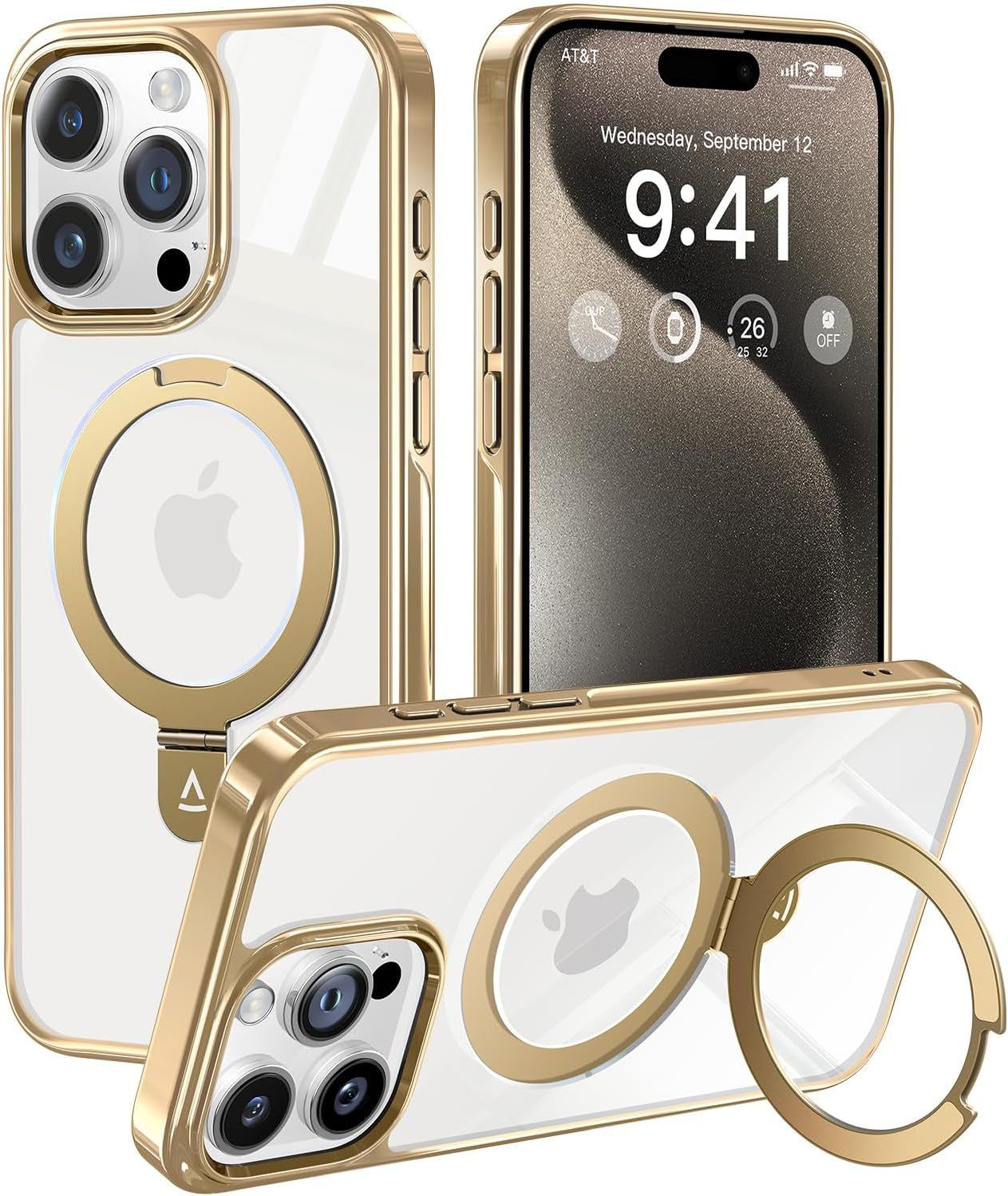 Alphex Titanium Stand for Magsafe Iphone 15 Pro Max Case, Polished Titanium Match for Iphone, 12FT Military Drop Protection, Shockproof Phone Ring Slim Cover 6.7 Inch, Gold  Alphex   