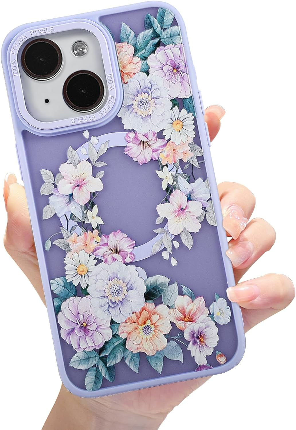 Eiyikof Compatible with Iphone 15 Pro Magnetic Matte Translucent Case [Luxury Shockproof Magsafe Case] [Cute Flower Pattern Hard Back Cover] Iphone 15 Pro Case for Women Girls-Purple Floral  Eiyikof Purple A Iphone 15 Plus 