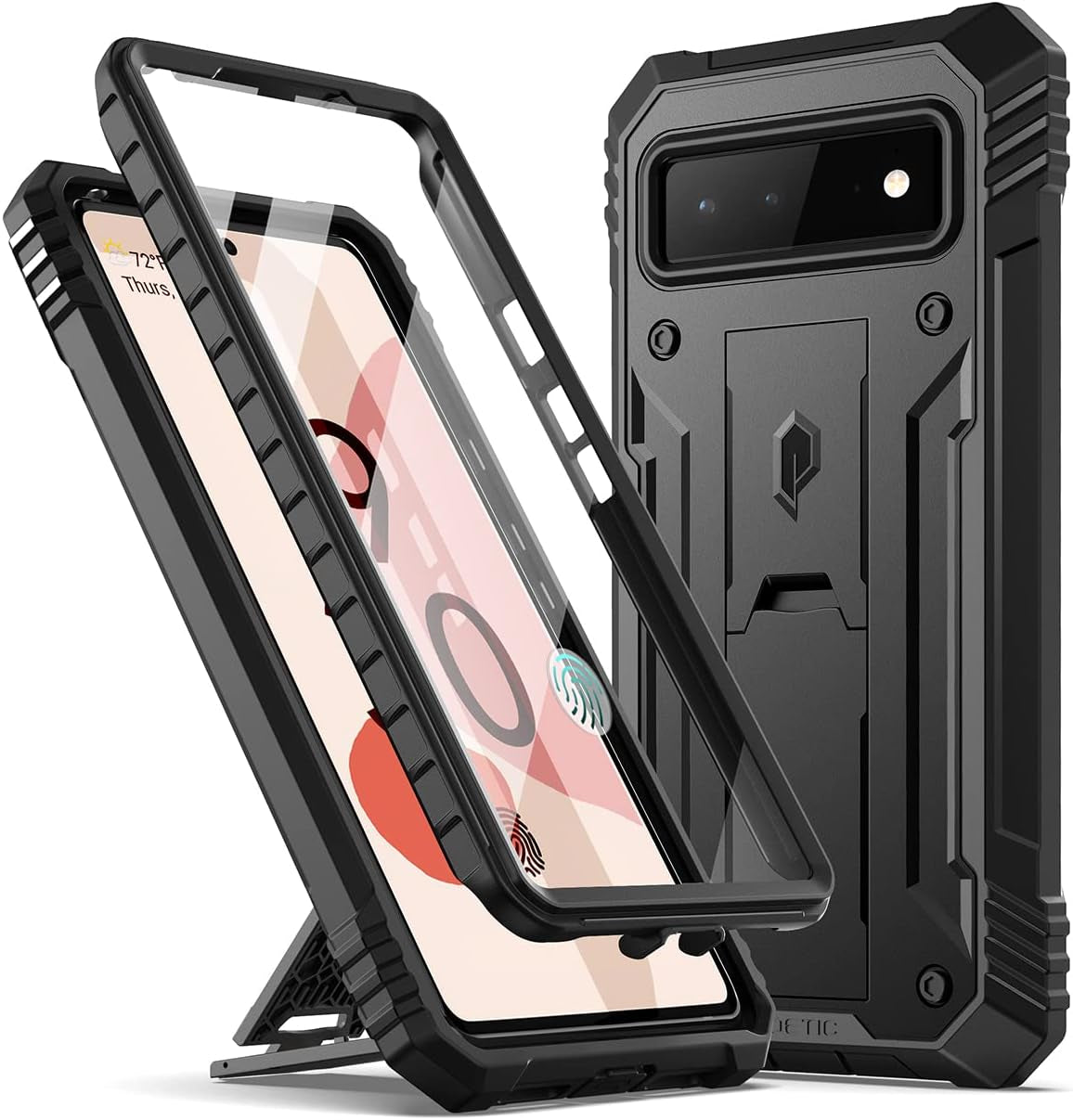 Poetic Revolution Case for Google Pixel 6 5G, Built-In Screen Protector Work with Fingerprint ID, Full Body Rugged Shockproof Protective Cover Case with Kickstand, Brown  Poetic Black  