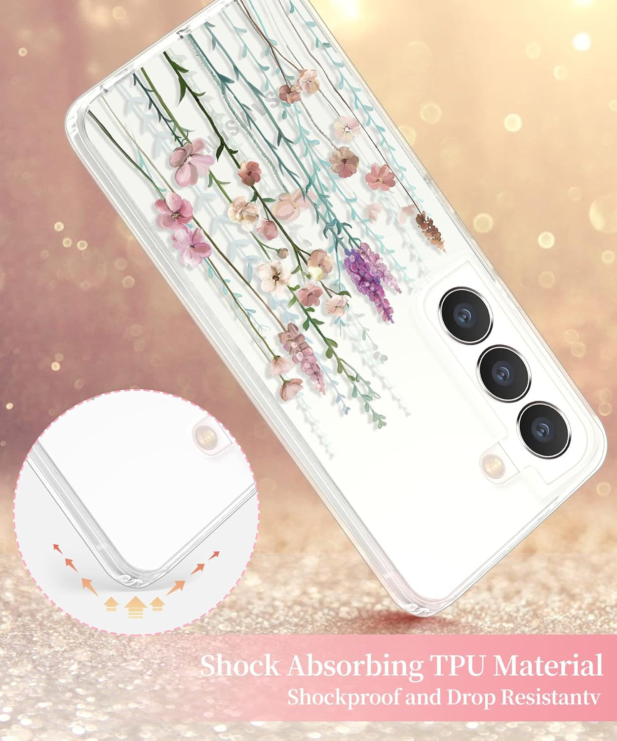 Gronda Case for Samsung Galaxy S22 Cute Floral Design Case for Galaxy S22 anti Yellowing Slim S22 Phone Case for Women, Flowers Blooming