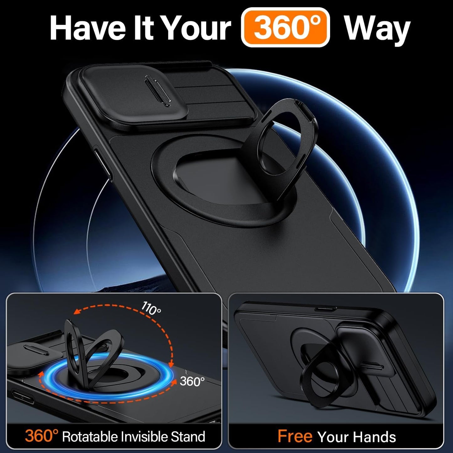 KMERUOTR 360°Rotatable Magnetic Ring for Iphone 14 Pro Max Case with Camera Cover, [Compatible with Magsafe] Build in Invisible Stand [Drop Protection] Shockproof Black Case for Iphone 14 Pro Max  XENKAKEO   