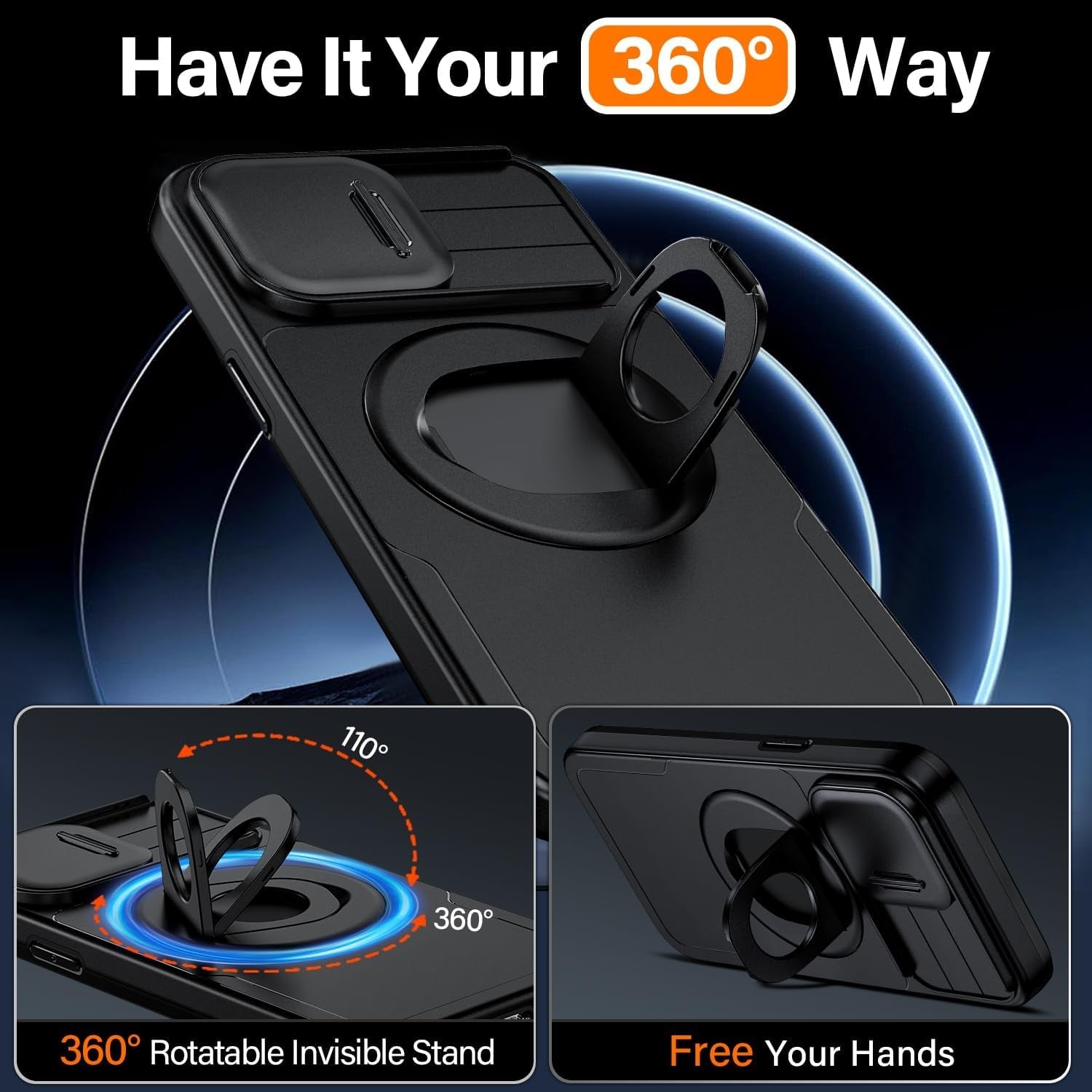 KMERUOTR 360°Rotatable Magnetic Ring for Iphone 14 Pro Max Case with Camera Cover, [Compatible with Magsafe] Build in Invisible Stand [Drop Protection] Shockproof Black Case for Iphone 14 Pro Max  XENKAKEO   