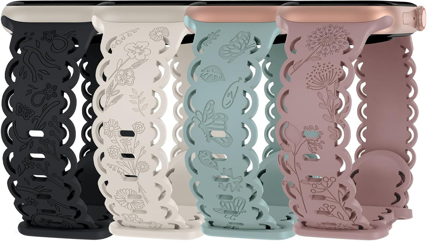 4 Pack Floral Engraved Silicone Bands Compatible with Apple Watch Band 38Mm 40Mm 41Mm 42Mm 44Mm 45Mm 49Mm Women, Soft Lace Cute Strap Flower Wristbands for Iwatch Series 9 8 7 6 5 4 3 2 1 SE Ultra