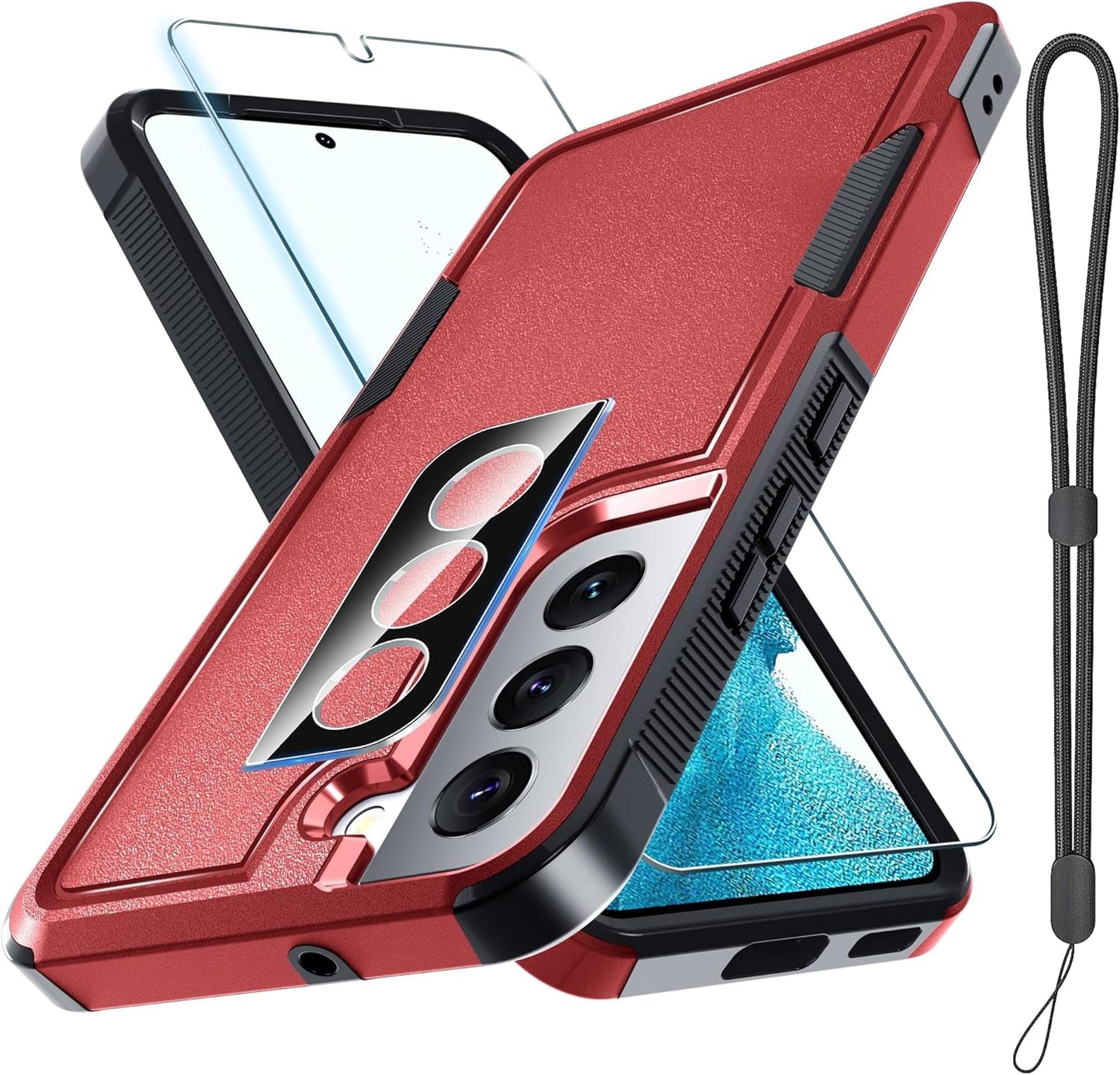 For Samsung Galaxy S22 Case, Full Body Heavy Duty Rugged Shockproof Protective Phone Cover with Lanyard Strap, Tempered Glass Screen Protector and Camera Lens Cover, Mint Green