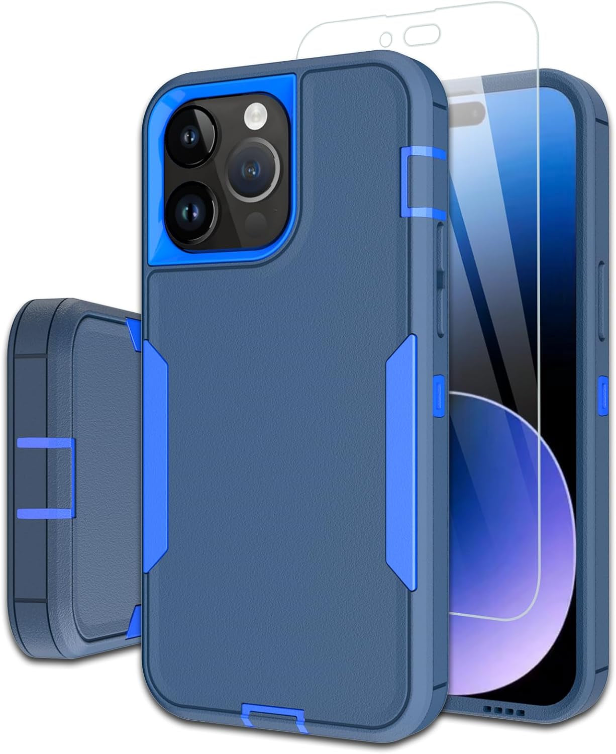 Dahkoiz for Iphone 15 Pro Phone Case, and Glass Screen Protector, Dust-Proof Port Cover, Full Body Non-Slip Rubber Covered, Wear-Resistant & Drop-Proof, Black/Black  UNISMART INC Blue/Navy  