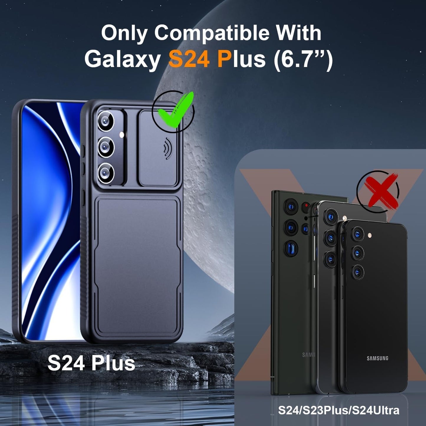 3 in 1 Magnetic for Samsung Galaxy S24 plus Case with Slide Camera Cover [2X Screen Protectors] [Mil-Grade Shockproof] Slim Phone Case for S24 plus Case 6.7" Black