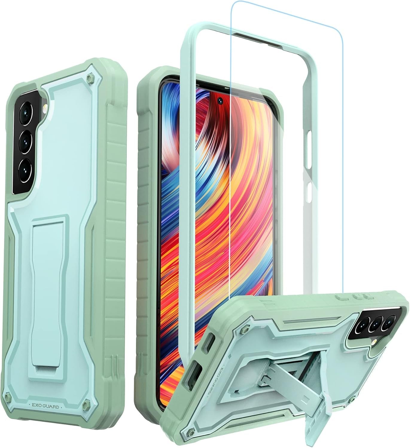 Exoguard for Samsung Galaxy S22 plus Case, Rubber Shockproof Heavy Duty Case with Screen Protector for Samsung S22 plus Phone, Built-In Kickstand (Pink)