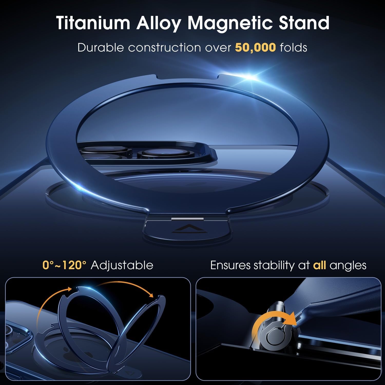 Alphex Titanium Magnetic Stand Case for Iphone 15 Pro, A-Blue Titanium, 3X Military Grade Protection, Shockproof Slim Phone Ring Cover, 6.1 Inch  Alphex   