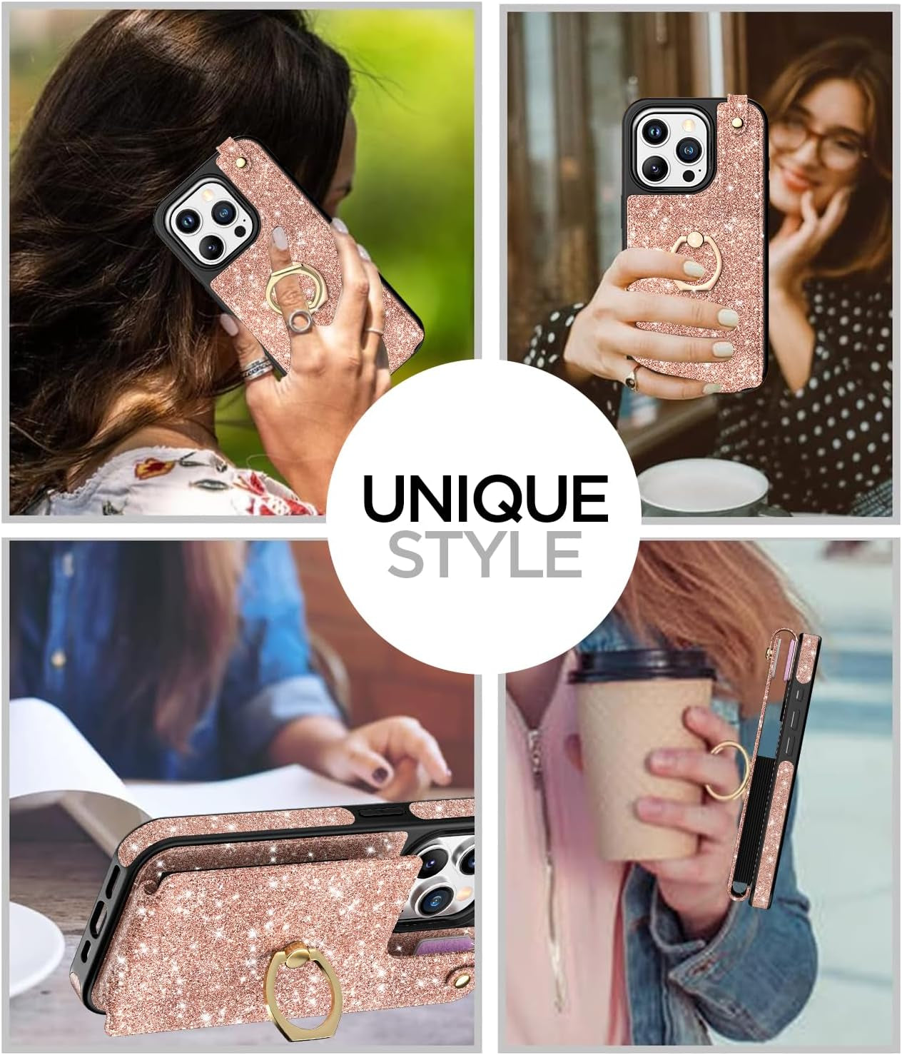 Aicase Card Holder Case Compatible with Iphone 15 Pro Max, Wallet Phone Case Glitter Sparkly Protective Cover for Women with Ring Kickstand and 8 Credit Card Slots, Rose Gold  AICase   