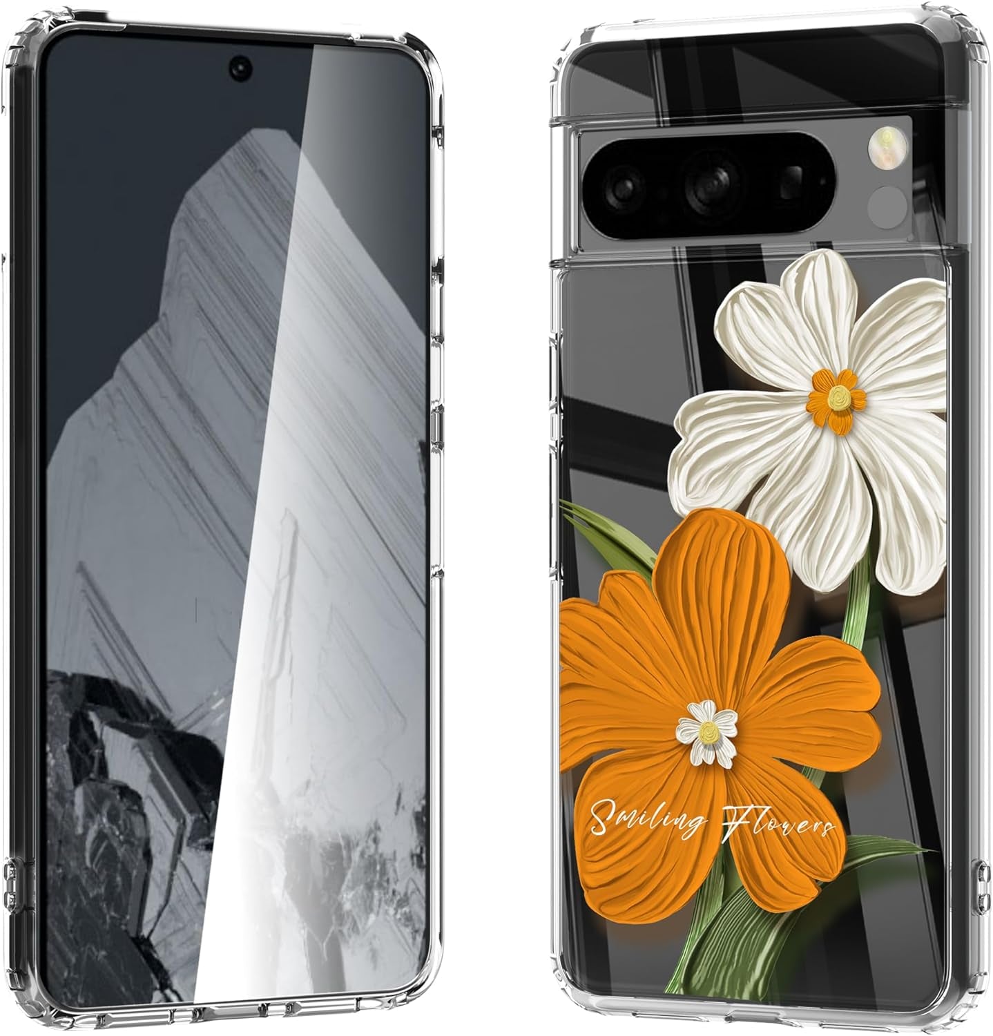 For Google Pixel 8 Clear Case with 3D Flower Printing Design, TPU+PC Slim Shock-Proof Protective Floral Cover for Women Girls, 6.2“ (Pic 5)  YIKECASE C-4 Google Pixel 8 Pro 