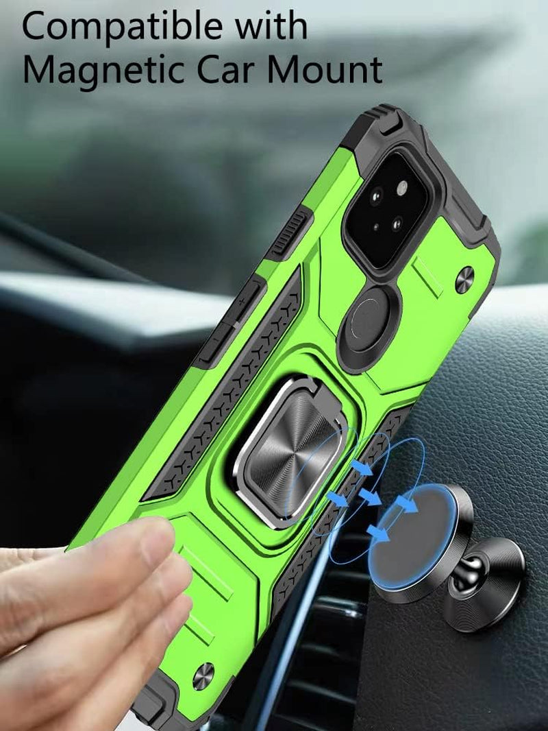 Google Pixel 5 Case Cover with [3 Pcs] Tempered Glass Screen Protector, Military-Grade Built in Magnetic Ring Kickstand Dual Layer Hybrid Shockproof Aromr Rugged Case for Google Pixel 5 - Green  ANOUKE   