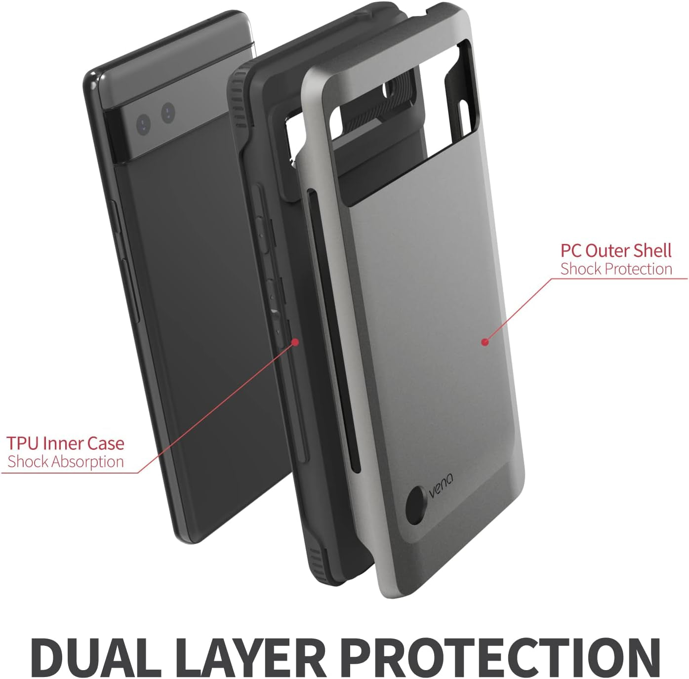 VENA Outcross for Google Pixel 6A 5G Case, Military Grade Drop Protection, Dual Layer Shockproof Protective Phone Case - Graphite Gray/Black  Vena   