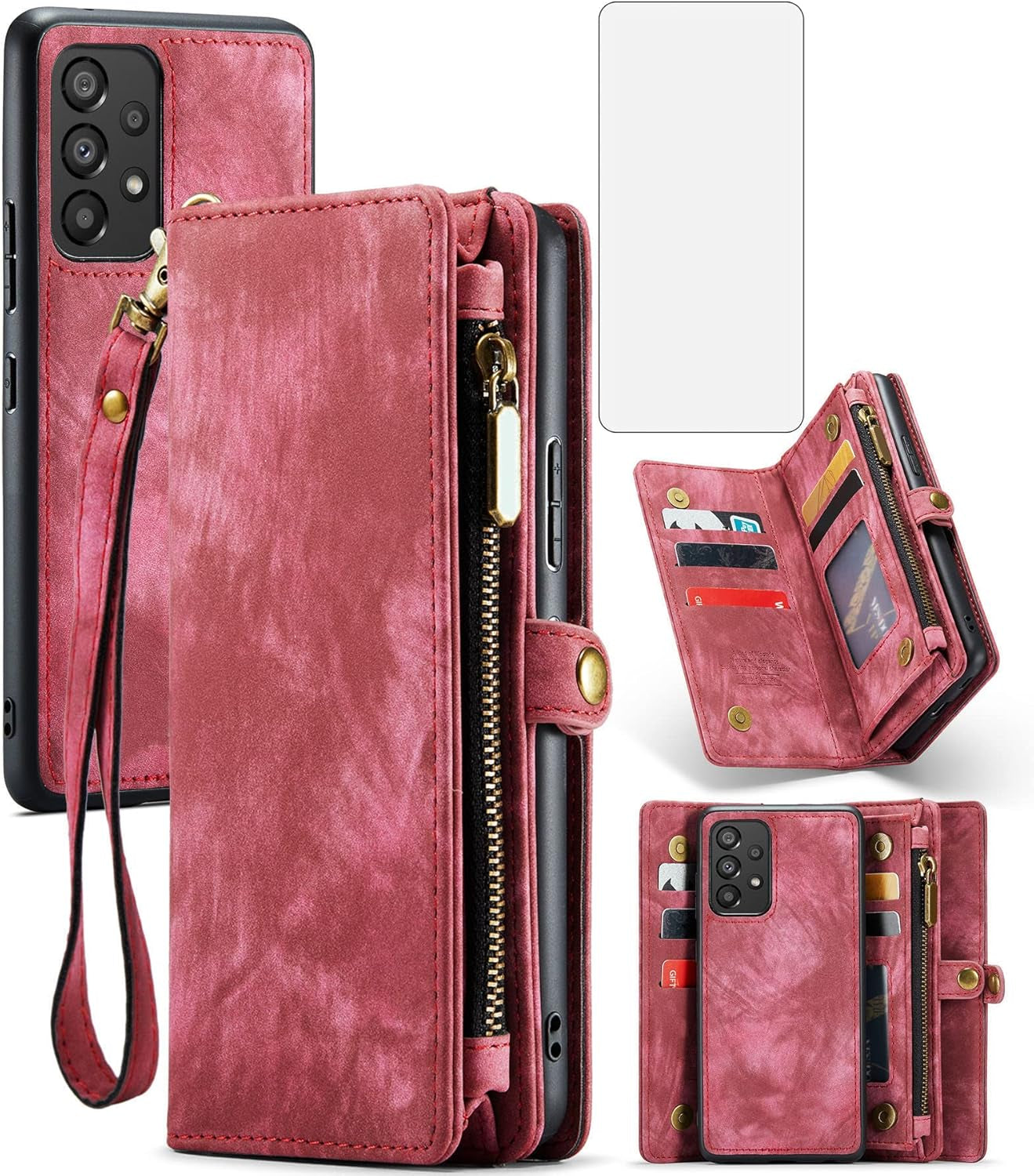 Asuwish Phone Case for Samsung Galaxy A53 5G 2022 Zipper Wallet Detachable Cover with Tempered Glass Screen Protector and Flip Card Holder Cell Accessories Gaxaly A53 G5 Galaxies 53A SM A536U Men Blue