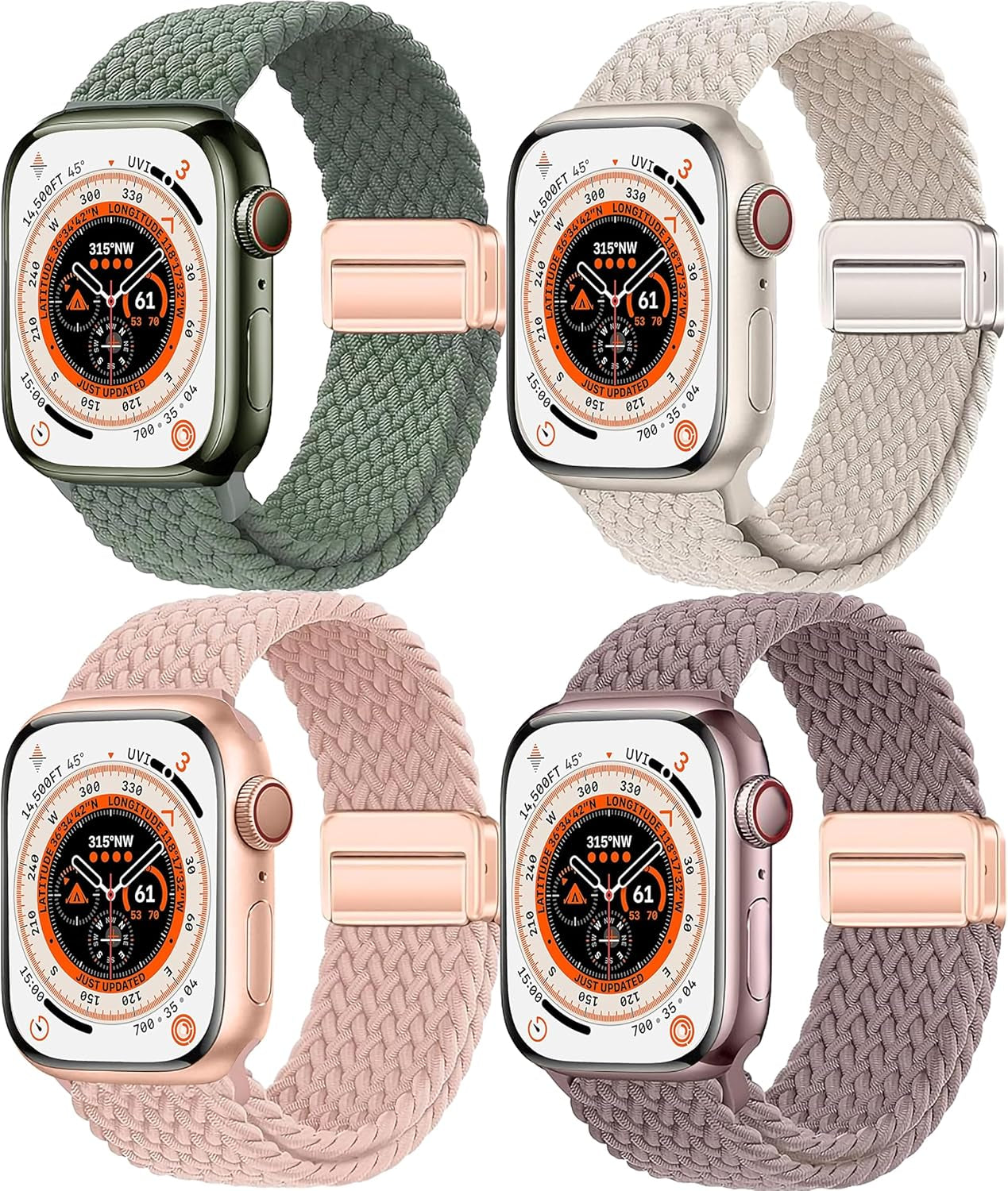 4 Pack Braided Magnetic Band Compatible with Apple Watch Women Men Kids 49Mm 45Mm 44Mm 42Mm 41Mm 40Mm 38Mm, Stretchy Nylon Sport Loop Strap for Iwatch Ultra 2/1 Series 9 8 SE 7 6 5 4 3 2 1