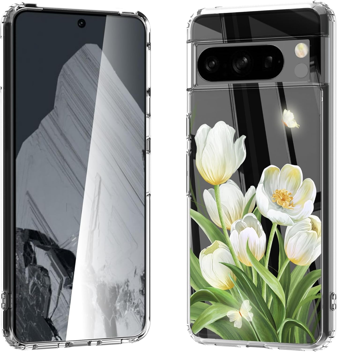 For Google Pixel 8 Clear Case with 3D Flower Printing Design, TPU+PC Slim Shock-Proof Protective Floral Cover for Women Girls, 6.2“ (Pic 5)  YIKECASE A-16 Google Pixel 8 Pro 