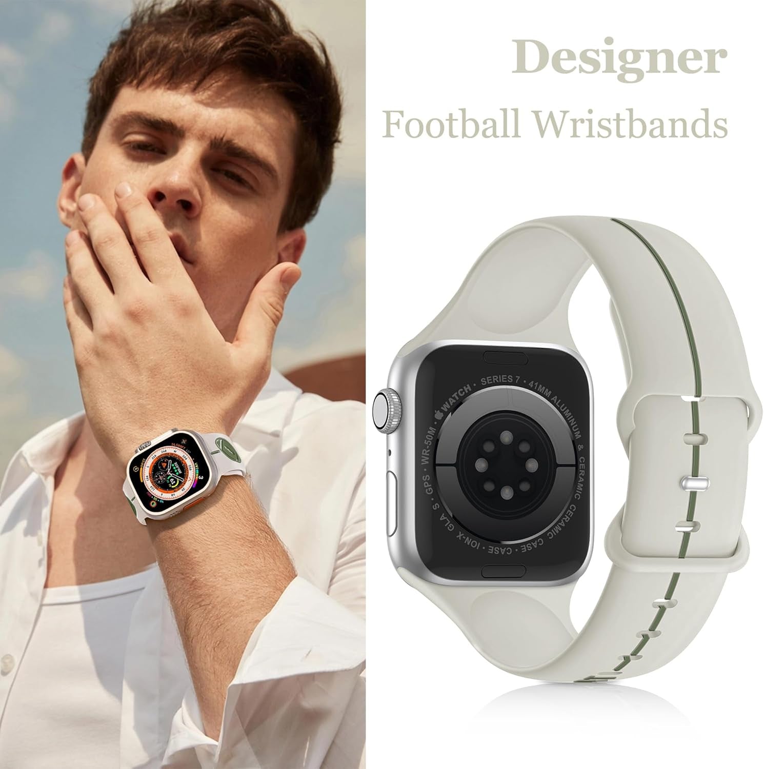 Designer Band for Apple Watch Band 38Mm 40Mm 41Mm 42Mm 44Mm 45Mm 49Mm Women Men,Silicone Waterproof Football Sport Strap for Iwatch Series 9 Ultra 8 7 6 5 4 3 2 1 SE Replacement Wristbands Grey Green