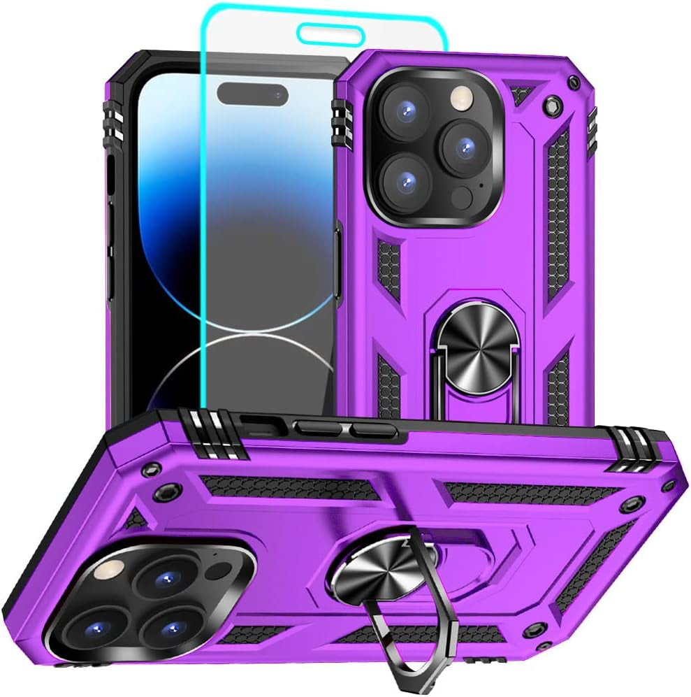 Aozuoton for Iphone 14 Pro Case, Iphone 14 Pro Phone Case with HD Screen Protector, [Military Grade 16Ft. Drop Tested] Ring Shockproof Protective Phone Case for Iphone 14 Pro,Black  Yanmen Iphone 14 Pro Case Purple  