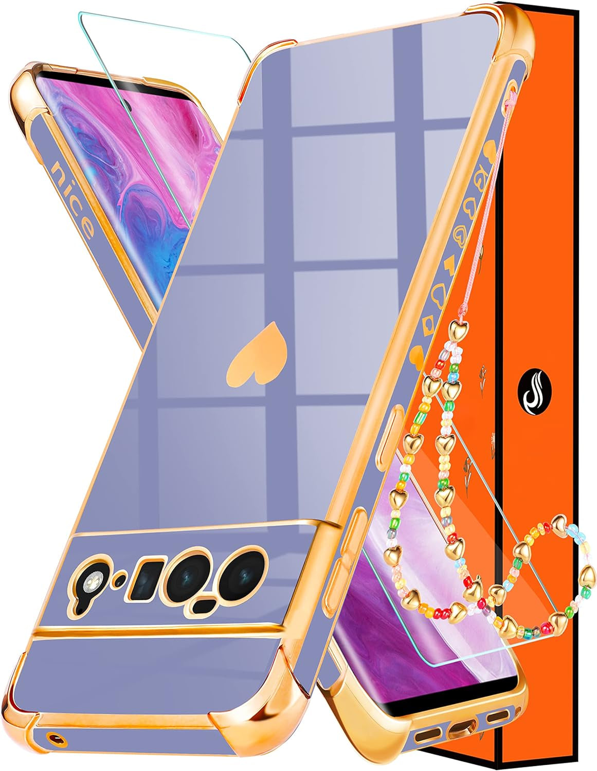 Shorogyt (3In1 Heart Case for Google Pixel 6 Case 5G 6.4 Inch Women Cute Aesthetic Love Hearts Pattern Girls Gold Luxury Girly Design Phone Cases Cover+Screen+Chain for Pixel 6 Case 5G 6.4''  qunxiner Dark Blue For Google Pixel 6 Pro 