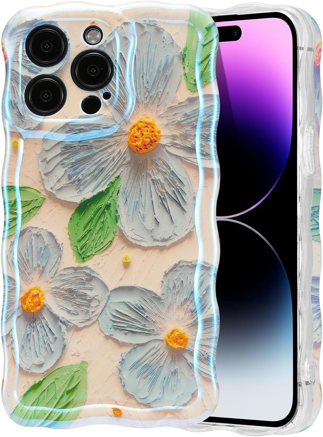 EYZUTAK Case for Iphone 14 Pro, Colorful Retro Oil Painting Flower Leaf Laser Glossy Pattern Cute Curly Wave Edge Exquisite Phone Cover Stylish Durable TPU Protective Case for Girls Women - Blue Green  EYZUTAK Blue Green Iphone 14 Pro Max 