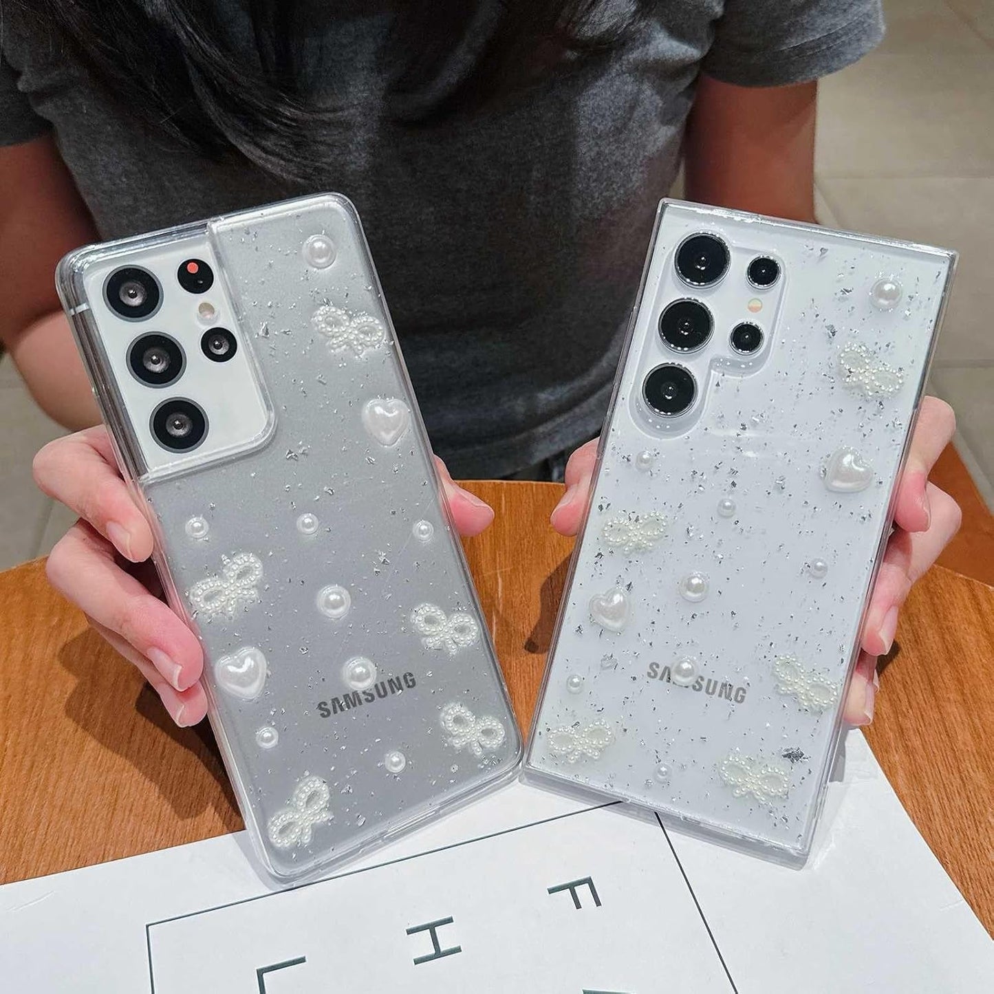 For Samsung Galaxy S21 Ultra Clear Case Cute 3D Pearl Bow Knots Heart with Design Aesthetic Women Phone Case for Girls, Glitter Sparkle Back Shockproof Soft TPU Bumper Cover