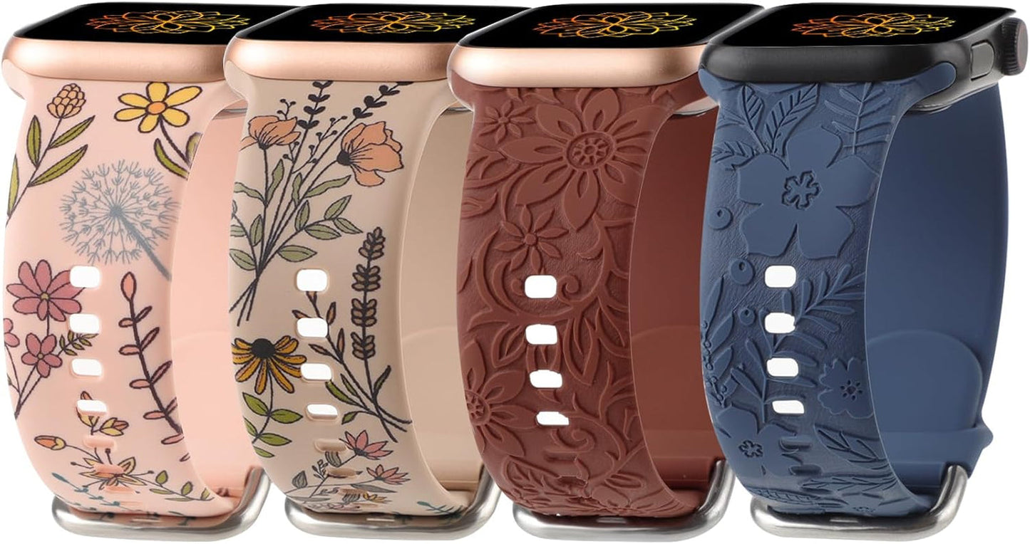 Flower Engraved Print Bands Compatible with Apple Watch Band 40Mm 41Mm 38Mm 42Mm 44Mm 45Mm 49Mm Women, Fancy Soft Silicone Sport Strap for Iwatch Series 9 Ultra 2 SE Ultra 8 7 6 5 4 3 2 1