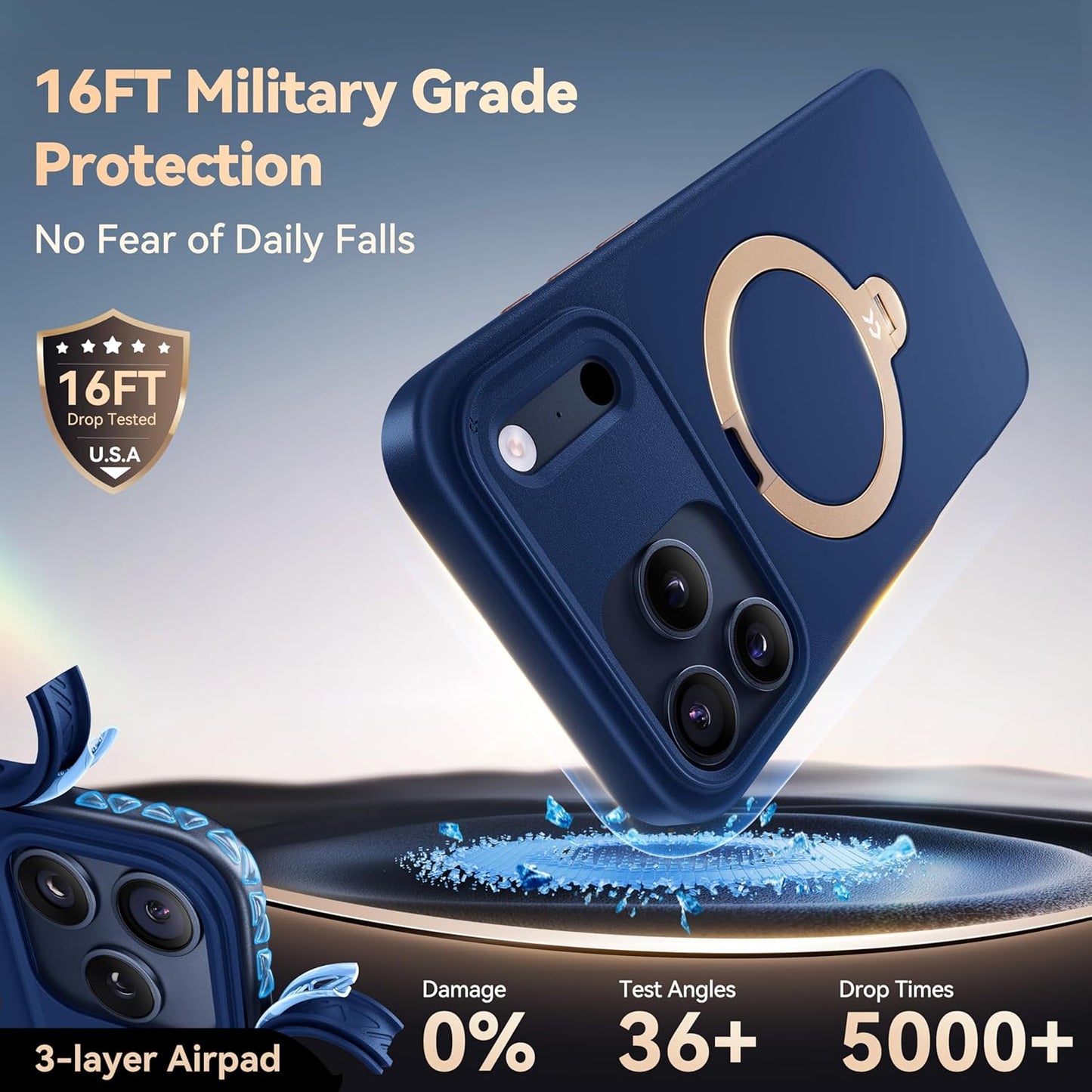 CASEKOO Marine Blue Designed for Iphone 17 Pro Max Case with Spin Magnetic Stand [16FT Military Protection] [Non-Slip Edge] [Fit for Magsafe] Magicstand 360 for Iphone 17 Promax Case 6.9''