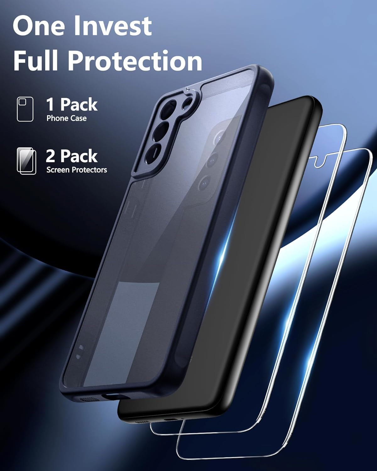 3 in 1 for Samsung Galaxy S22 Case, with 2 Pcs Tempered Glass Screen Protector, Reinforced Corners for Protection Shockproof Protective S22 Phone Case 6.1 Inch Black