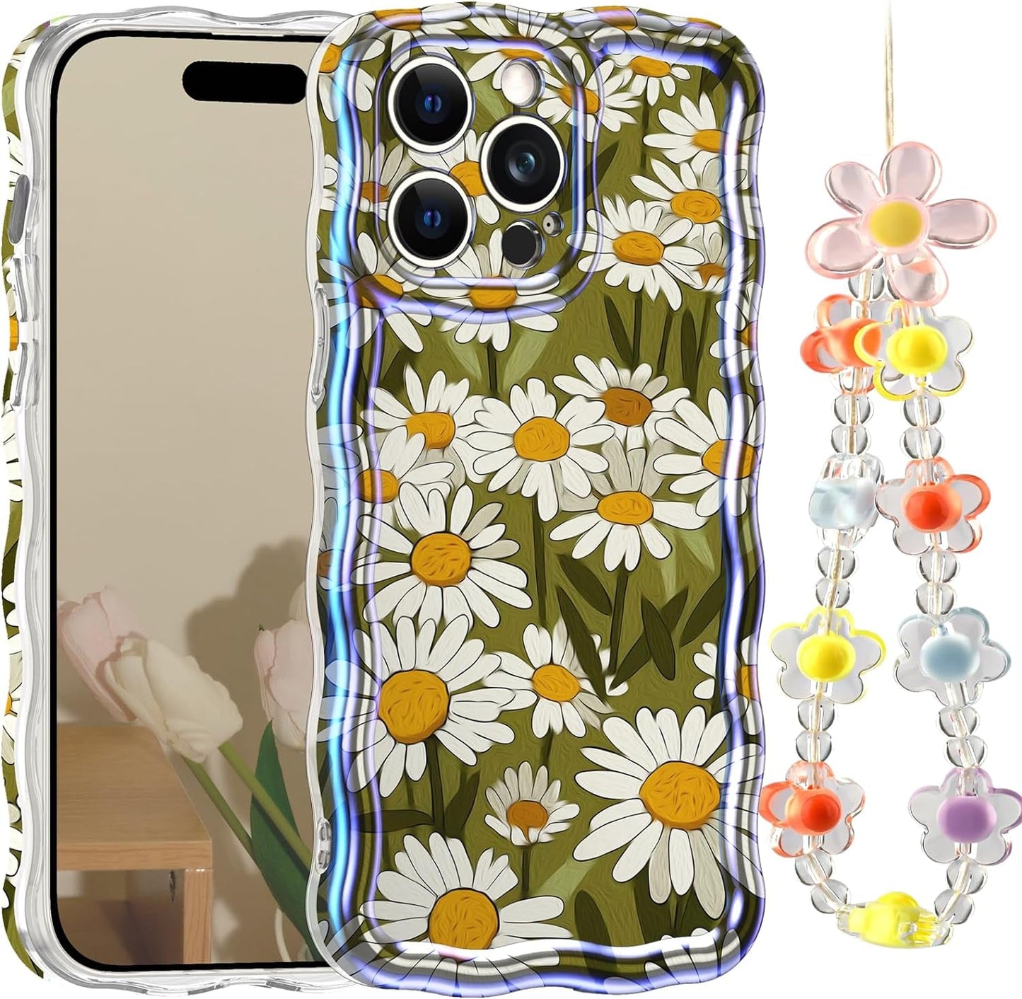 LONTECT for Iphone 14 Pro Max Case Shockproof Slim Full Body Protective Cute Curly Wave Border Camera Protection Cover+Flower Beads Chain Girls Women Case for Apple Iphone 14 Pro Max,Pink Butterfly  Lontect Green Daisy Apple Iphone 14 Pro Max 6.7" 