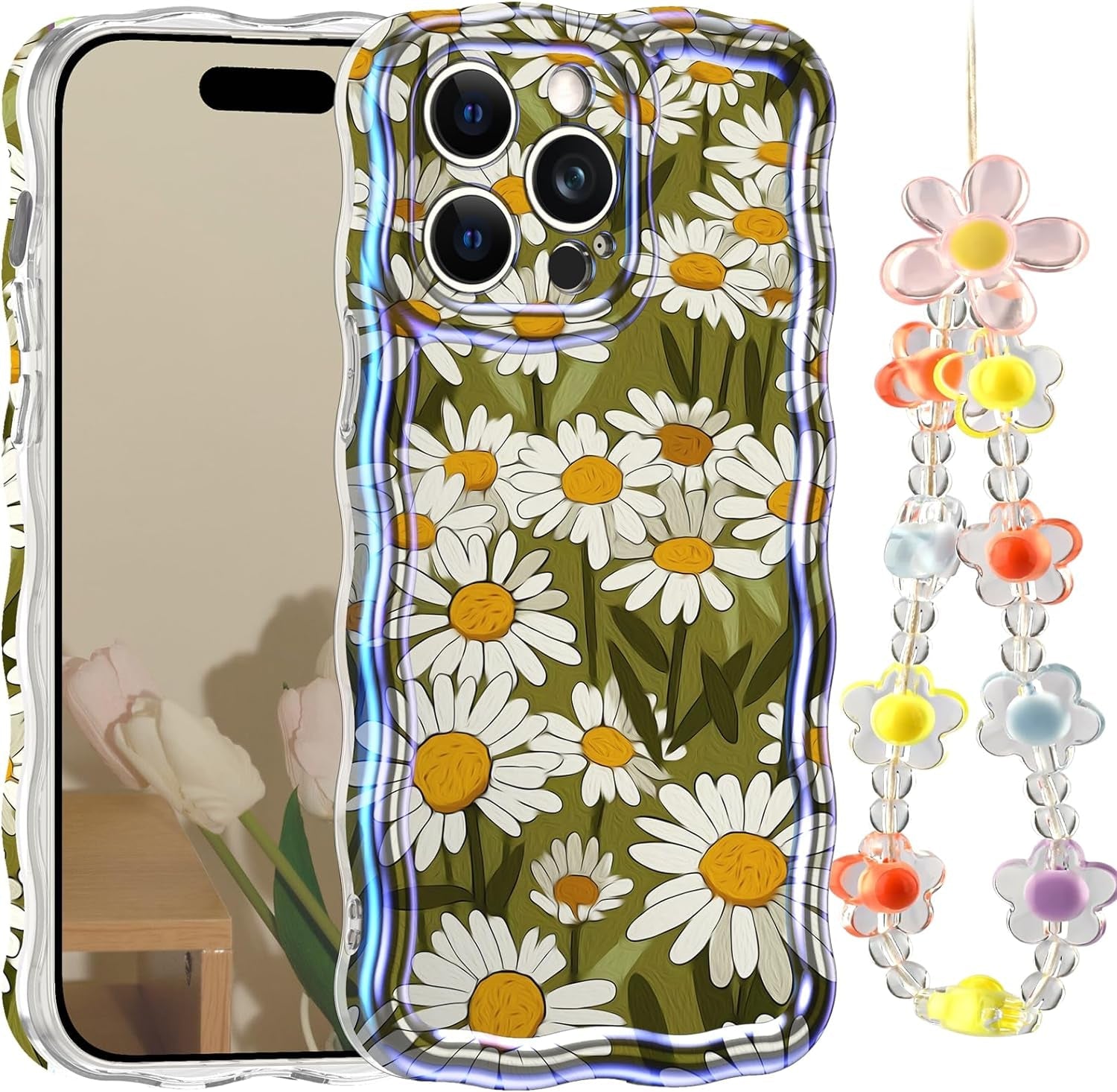 LONTECT for Iphone 14 Pro Max Case Shockproof Slim Full Body Protective Cute Curly Wave Border Camera Protection Cover+Flower Beads Chain Girls Women Case for Apple Iphone 14 Pro Max,Pink Butterfly  Lontect Green Daisy Apple Iphone 14 Pro Max 6.7" 