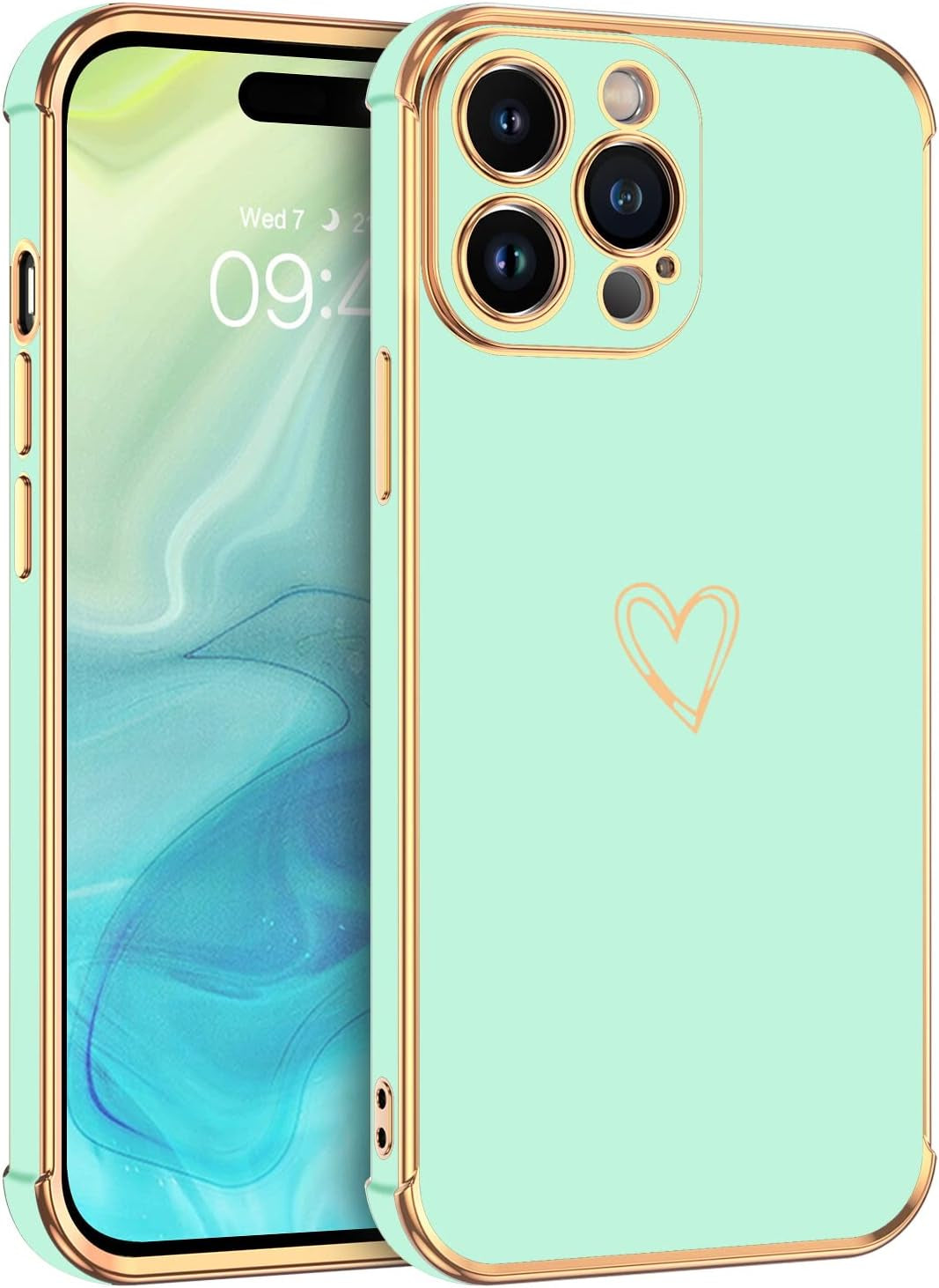 BENTOBEN Iphone 14 Pro Case, Slim Fit Cute Heart Pattern 14 Pro Phone Case, Soft Flexible Shockproof TPU Bumper Women Girls Non-Slip Lightweight Charging Protective Cover for Iphone 14 Pro 6.1", Gray  BENTOBEN T224-Mint Green/Gold  