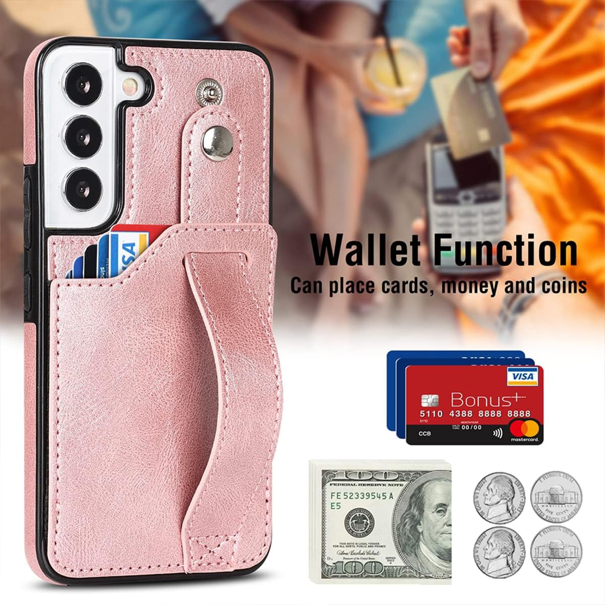 Design for Samsung Galaxy S22 plus 5G Phone Case with Screen Protector Adjustable Wrist Strap Kickstand Credit Card Slot Slim Shockproof Hybrid Rugged Protective Cover for Women 6.6" Rose Gold