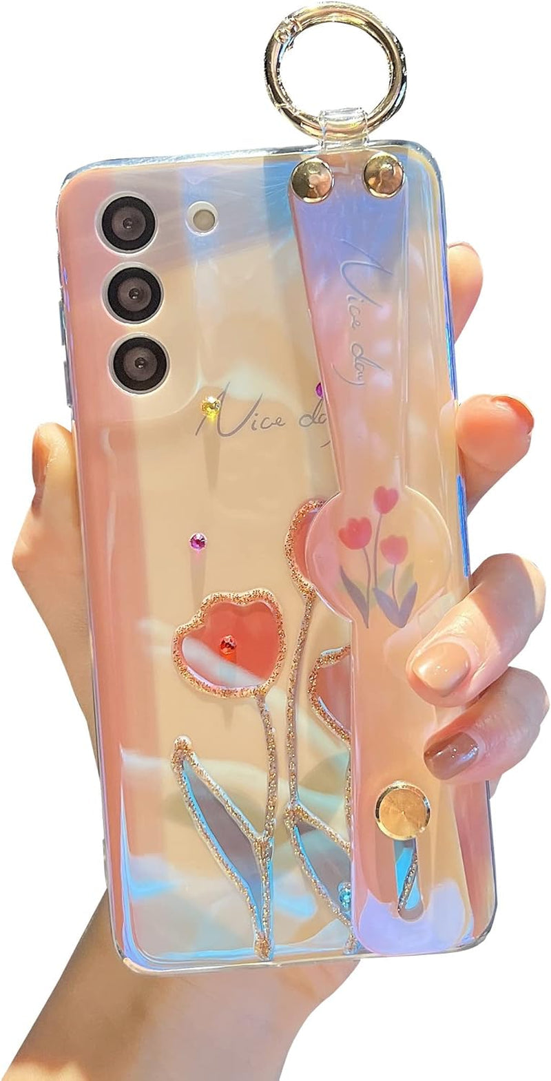 For Samsung Galaxy S22 plus Case Cute with Wrist Strap Kickstand Case 6.6" 5G Glitter Bling Cartoon IMD Soft TPU Shockproof Protective Phone Cases Cover for Girls and Women - Sunflower