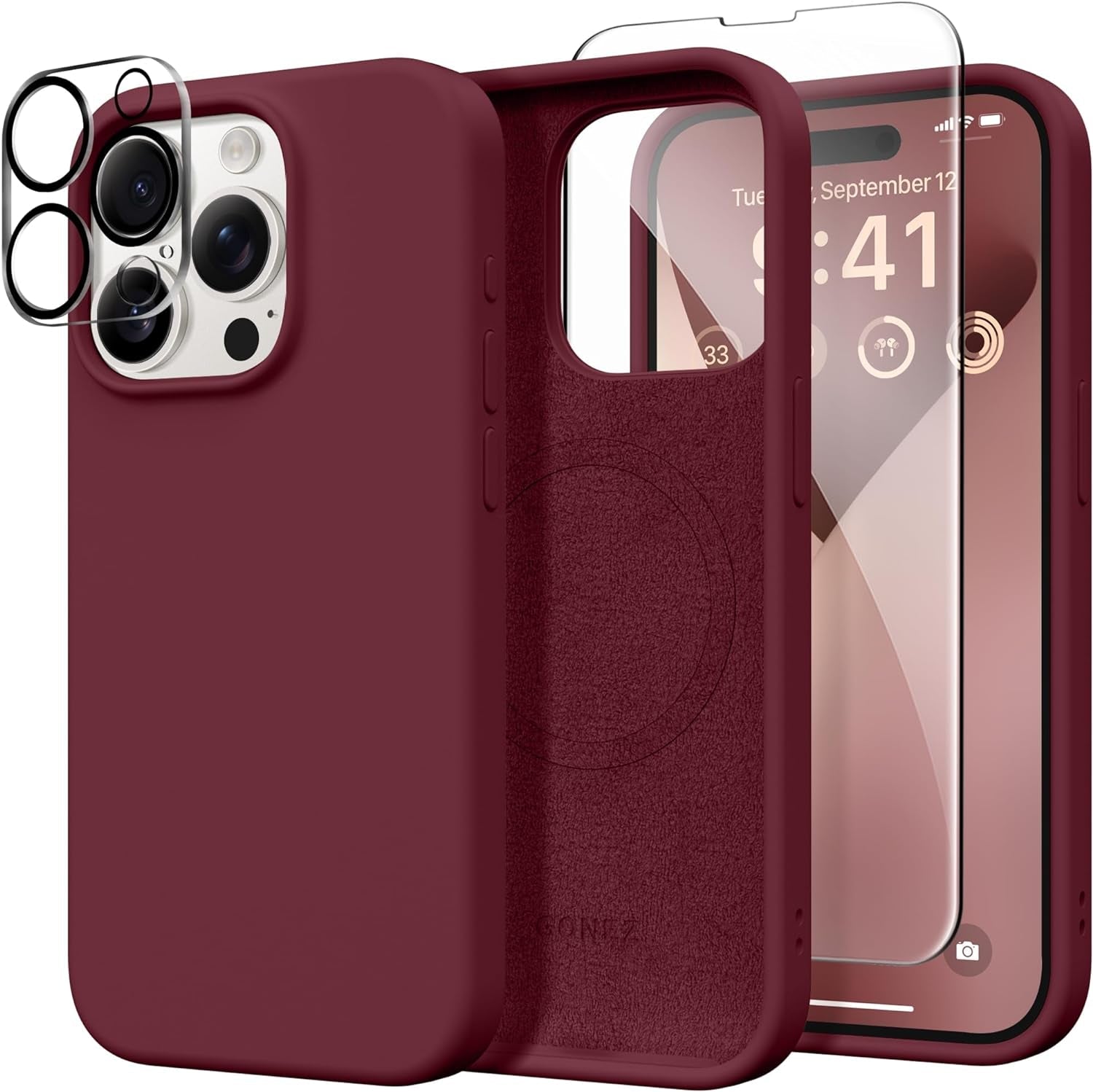 GONEZ for Iphone 15 Pro Case Compatible with Magsafe, [2X Screen Protector + 2X Camera Lens Protector], Soft Silicone Shockproof Anti-Scratch Full Body Protective Phone Case 6.1" 2023, Dark Grey  GONEZ Maroon  