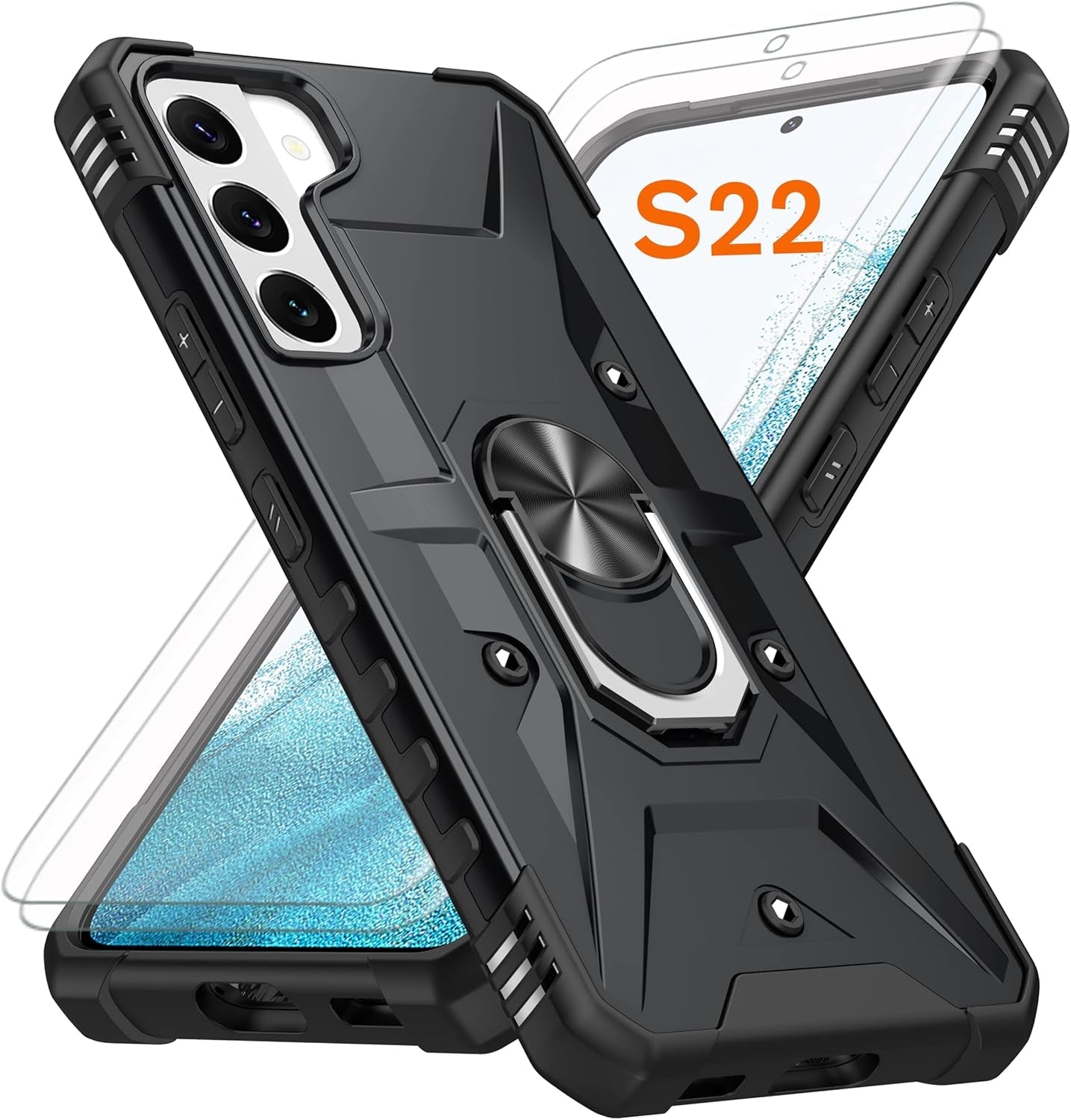 For Samsung Galaxy S22 Case, S22 Case with Self Healing Flexible TPU Screen Protector [2 Pack],Military Grade Double Shockproof Invisible Kickstand Case for Galaxy S22 (Purple)