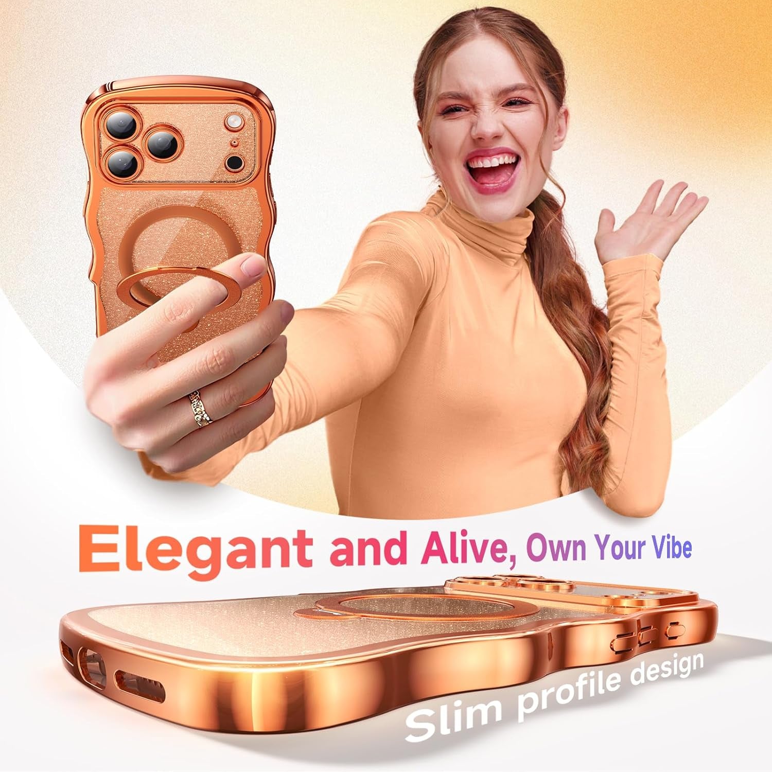 3 in 1 for Iphone 17 Pro Max Case with 360° Spin Magnetic Stand, 1X DIY Glitter Cardstock+1X Screen Protector, [Fit for Magsafe]Cute Wavy Glossy Clear Phone Cover for Women Girls 6.9", Cosmic Orange