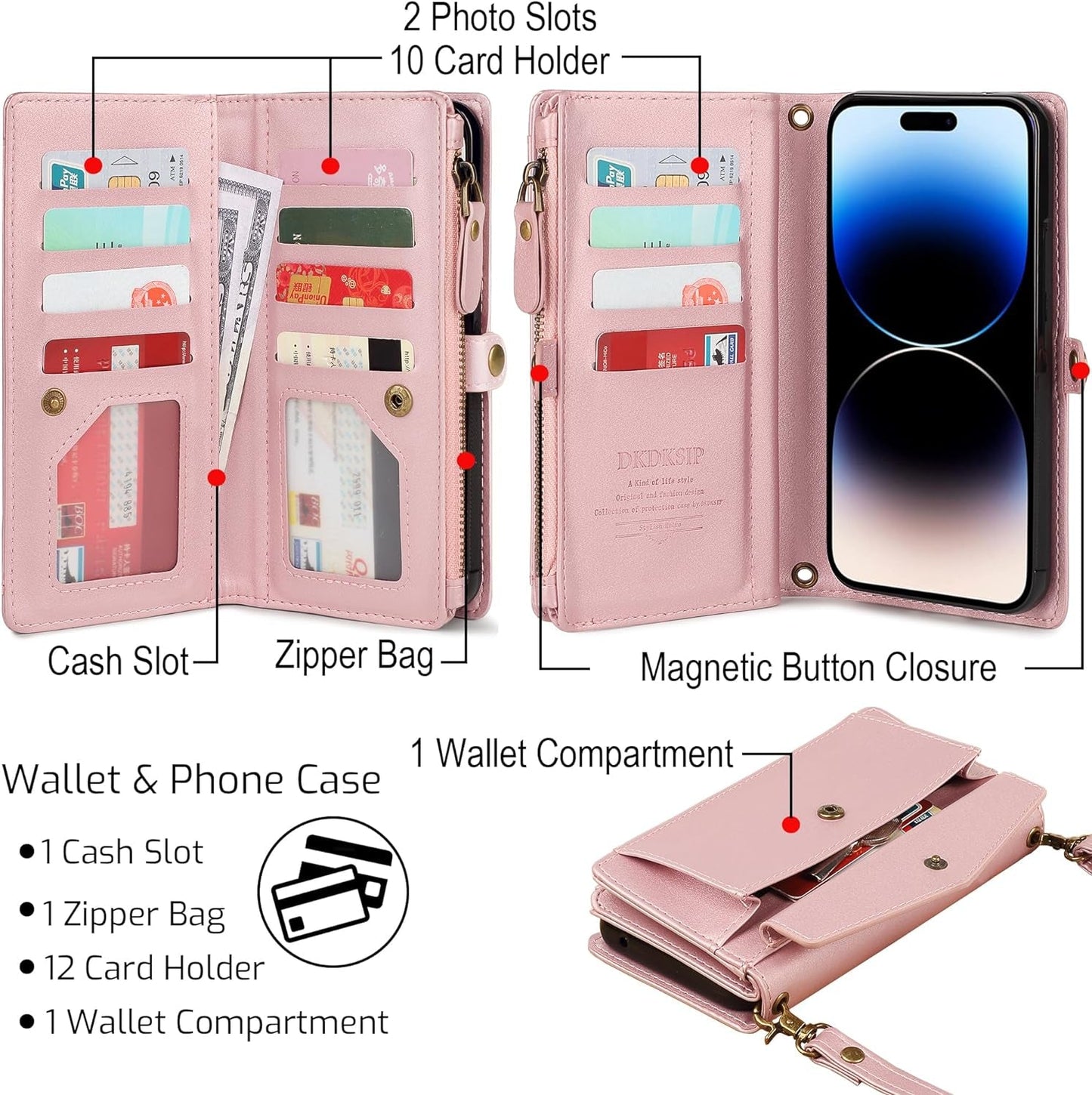 DKDKSIP for Iphone 15 Pro Wallet Case for Women, Support Wireless Charging with RFID Blocking Card Holder, PU Leather Zipper Wallet Detachable Magnetic Phone Case with Crossbody Strap, Pink  DKDKSIP   