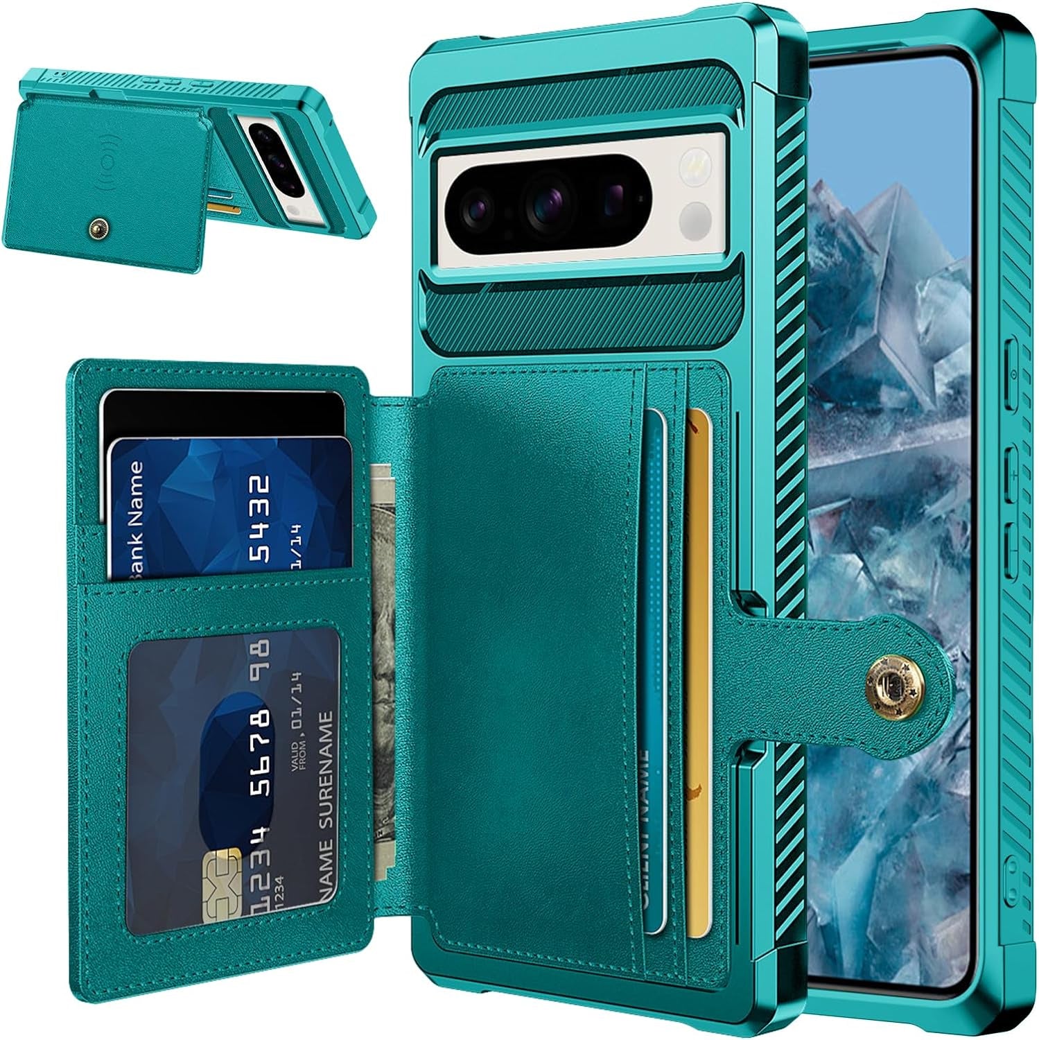 For Google Pixel 8 Pro Case with Card Holder(5 Cards), Google 8 Pro Wallet Case Built-In Kickstand Magnetic Flip Snap Soft TPU+PU Leather Durable Shockproof Case for Google 8 Pro (Black)  GooseBox Green Google Pixel 8 Pro 