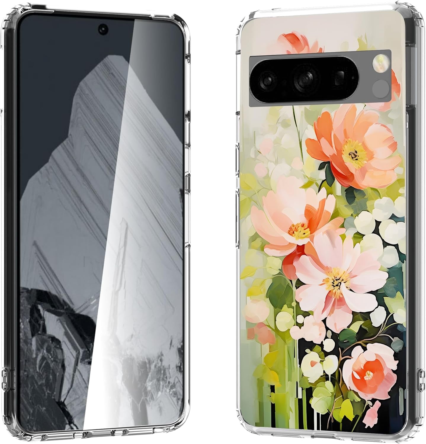 For Google Pixel 8 Clear Case with 3D Flower Printing Design, TPU+PC Slim Shock-Proof Protective Floral Cover for Women Girls, 6.2“ (Pic 5)  YIKECASE A-7 Google Pixel 8 Pro 