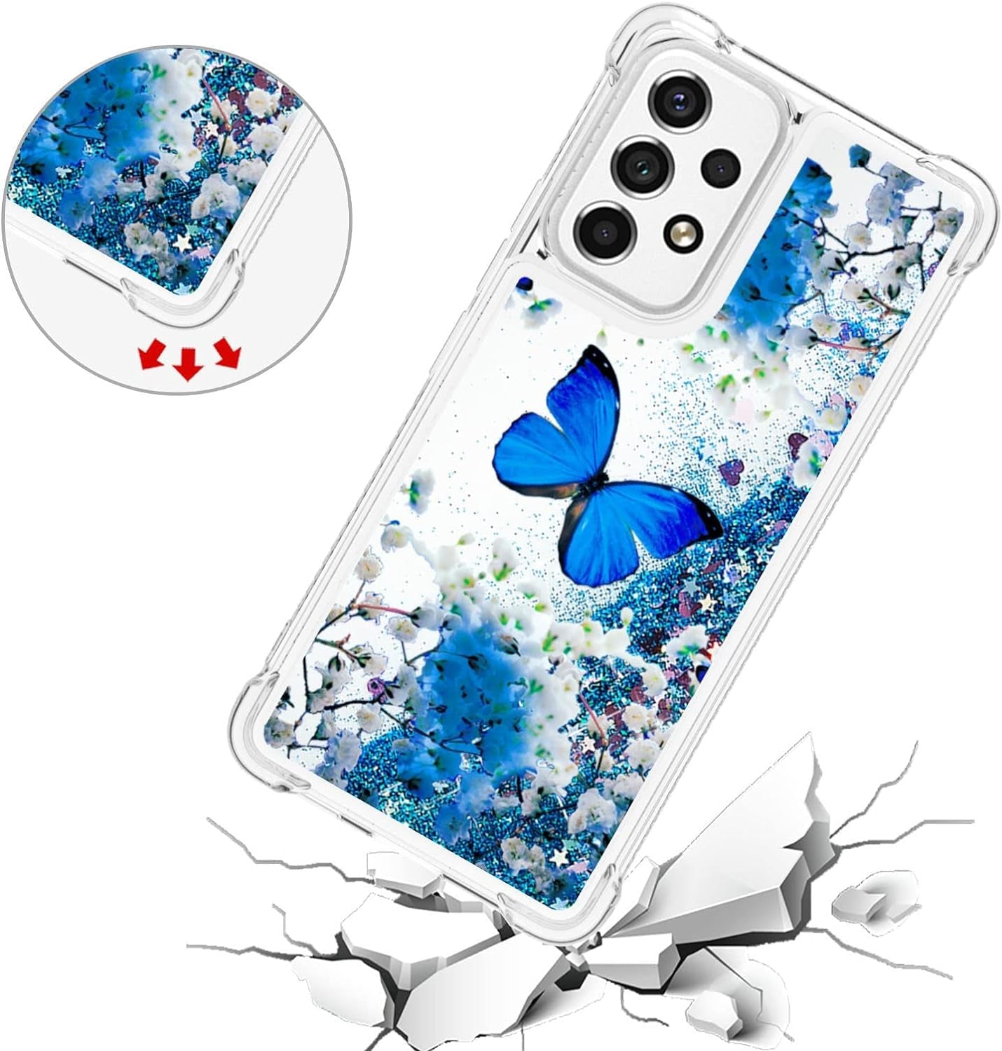 For Samsung Galaxy A53 5G Phone Case with Screen Protector, Women Girls Cute Glitter Bling Floating Liquid Soft TPU Shockproof Protective Slim Cover for Samsung Galaxy A53 5G -Blue Butterfly