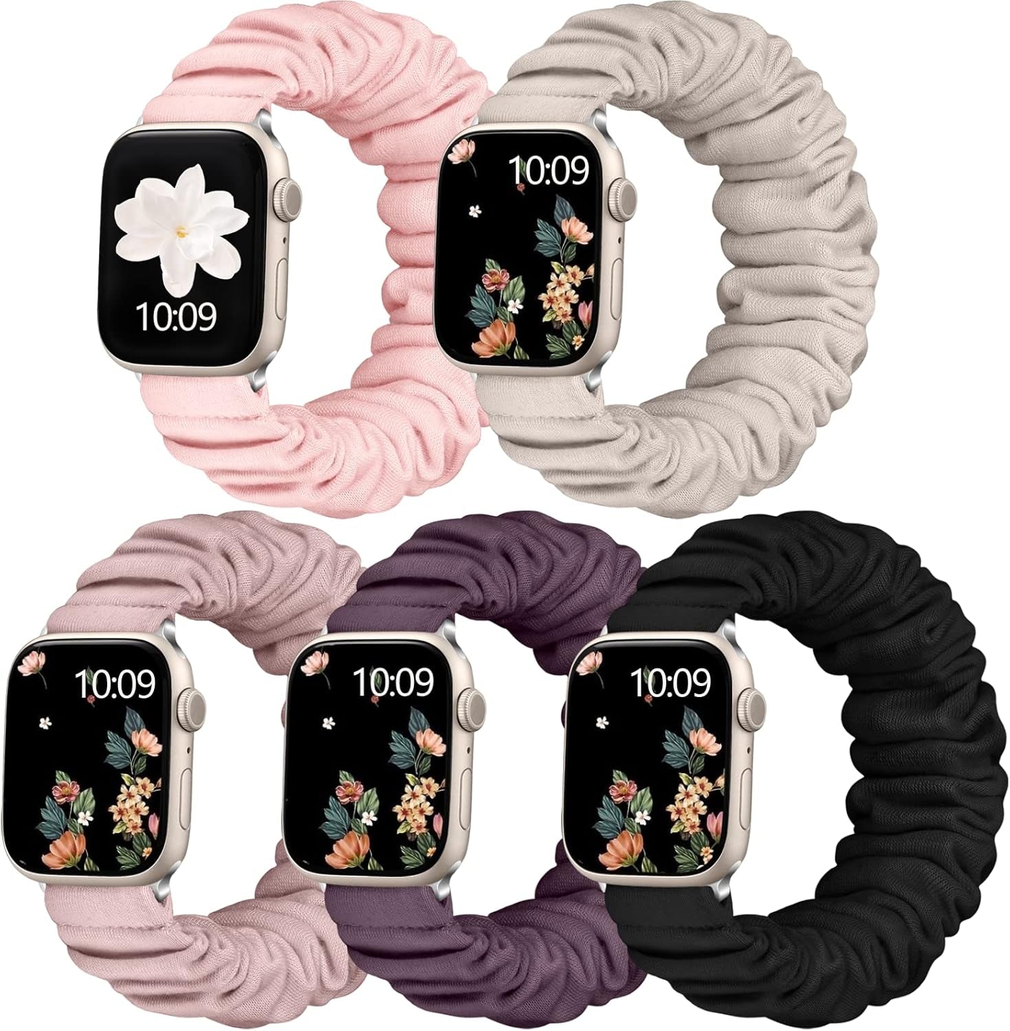 Adorve 5 Pack Scrunchie Bands Compatible with Apple Watch Band 38Mm 40Mm 41Mm 42Mm 44Mm 45Mm 49Mm for Women, Cute Fabric Scrunchy Adjustable Elastic Strap for Iwatch SE Ultra Series 8 7 6 5 4 3 2 1