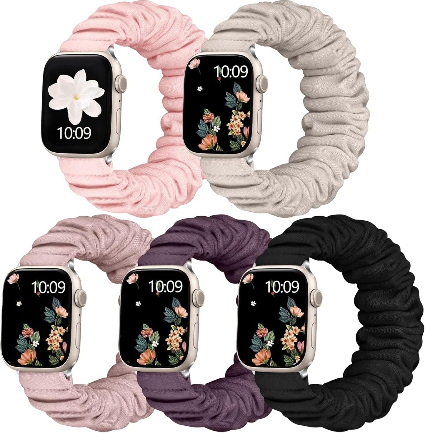 Adorve 5 Pack Scrunchie Bands Compatible with Apple Watch Band 38Mm 40Mm 41Mm 42Mm 44Mm 45Mm 49Mm for Women, Cute Fabric Scrunchy Adjustable Elastic Strap for Iwatch SE Ultra Series 8 7 6 5 4 3 2 1