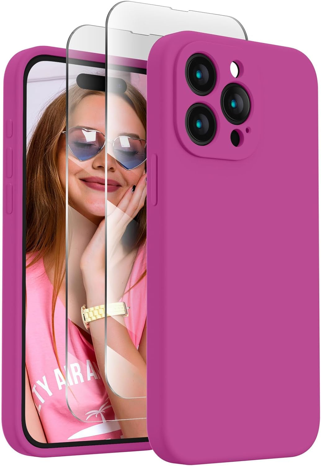 Firenova Designed for Iphone 15 Pro Case, Silicone Upgraded [Camera Protection] Phone Case with [2 Screen Protectors], Soft Anti-Scratch Microfiber Lining Inside, 6.1 Inch, Calke Green  FireNova Shocking Pink  