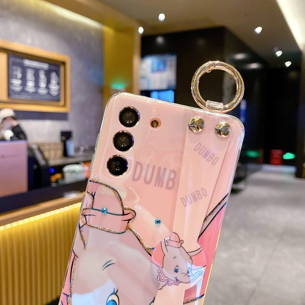 For Samsung Galaxy S22 Case [NOT Plus] Sparkle Bling with Strap Stand 6.1" Cute Pattern IMD Plating Silicone Shockproof Protective Glitter Cases Cover for Girls and Women - Pink Dumbo