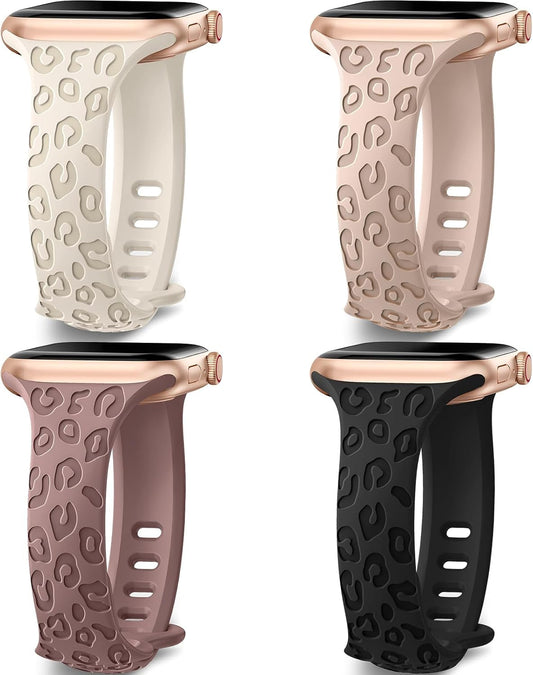 4-Pack Leopard Engraved Band Compatible with Apple Watch Bands 38Mm 40Mm 41Mm 44Mm 45Mm 42Mm Women, Thin Slim Sport Wristbands for Iwatch Ultra/Ultra 2 Series 9 8 7 6 5 4 3 2 1 SE
