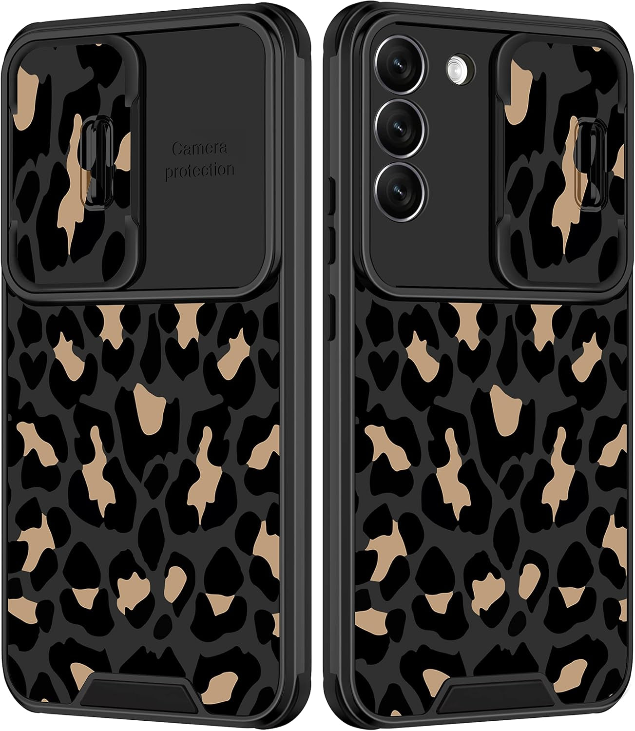 Goocrux for Samsung Galaxy S22 plus Case Leopard for Girls Women Cheetah Print Phone Cover Cute Black Animal Fashion Design with Slide Camera Cover Aesthetic Girly Cases for Galaxy S22 plus 5G 6.6''