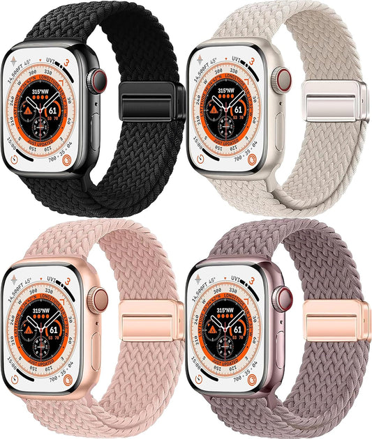 4 Pack Braided Magnetic Band Compatible with Apple Watch Women Men Kids 49Mm 45Mm 44Mm 42Mm 41Mm 40Mm 38Mm, Stretchy Nylon Sport Loop Strap for Iwatch Ultra 2/1 Series 9 8 SE 7 6 5 4 3 2 1