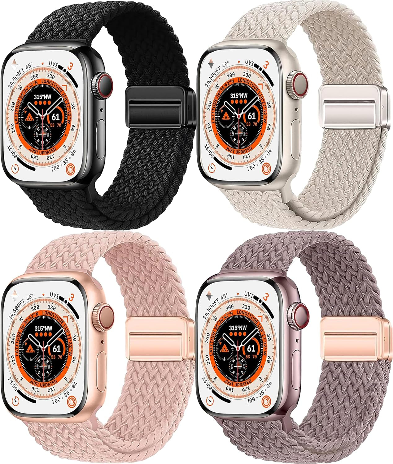 4 Pack Braided Magnetic Band Compatible with Apple Watch Women Men Kids 49Mm 45Mm 44Mm 42Mm 41Mm 40Mm 38Mm, Stretchy Nylon Sport Loop Strap for Iwatch Ultra 2/1 Series 9 8 SE 7 6 5 4 3 2 1